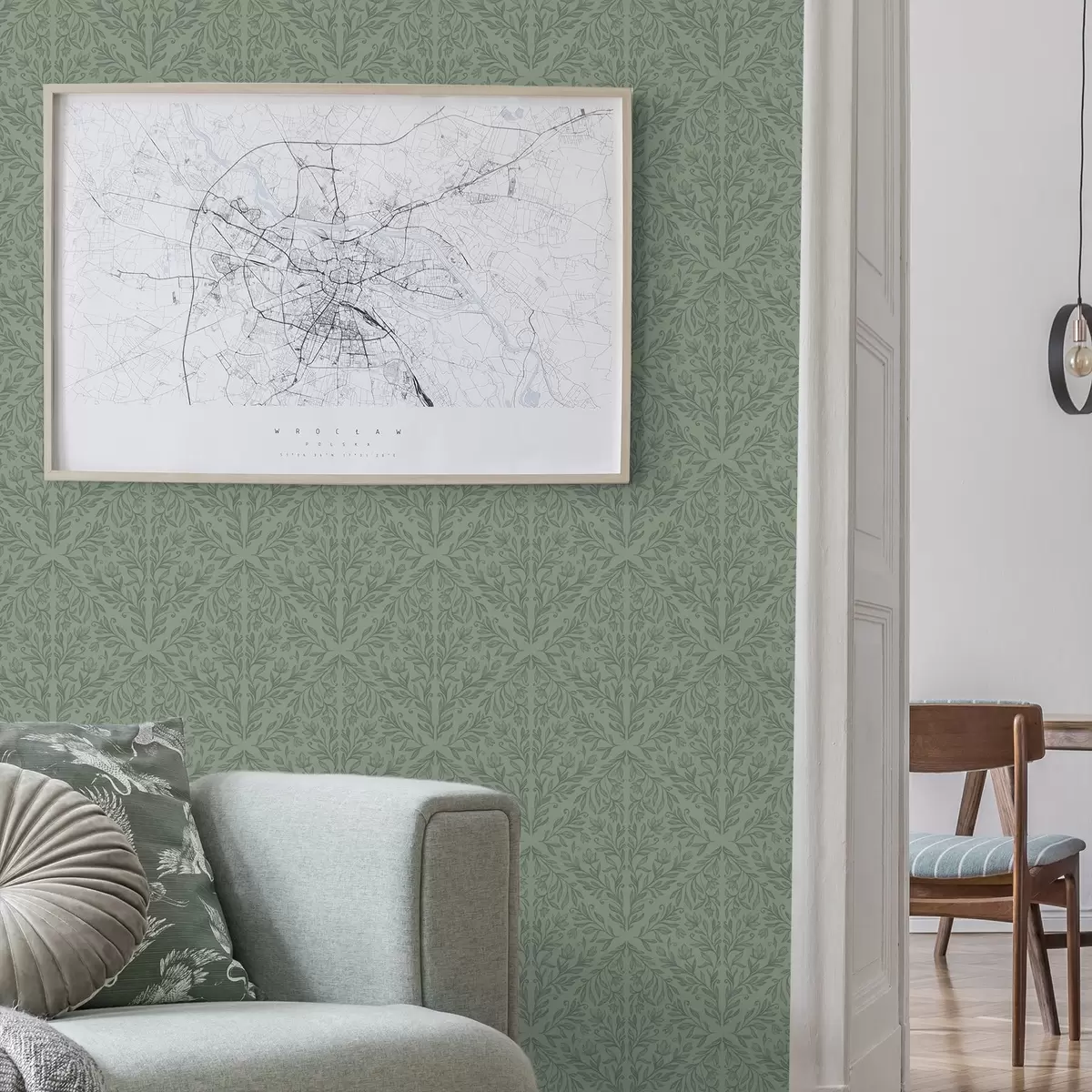 Тапети Фина ботаническа дамаска в приглушено зелено a00815v1