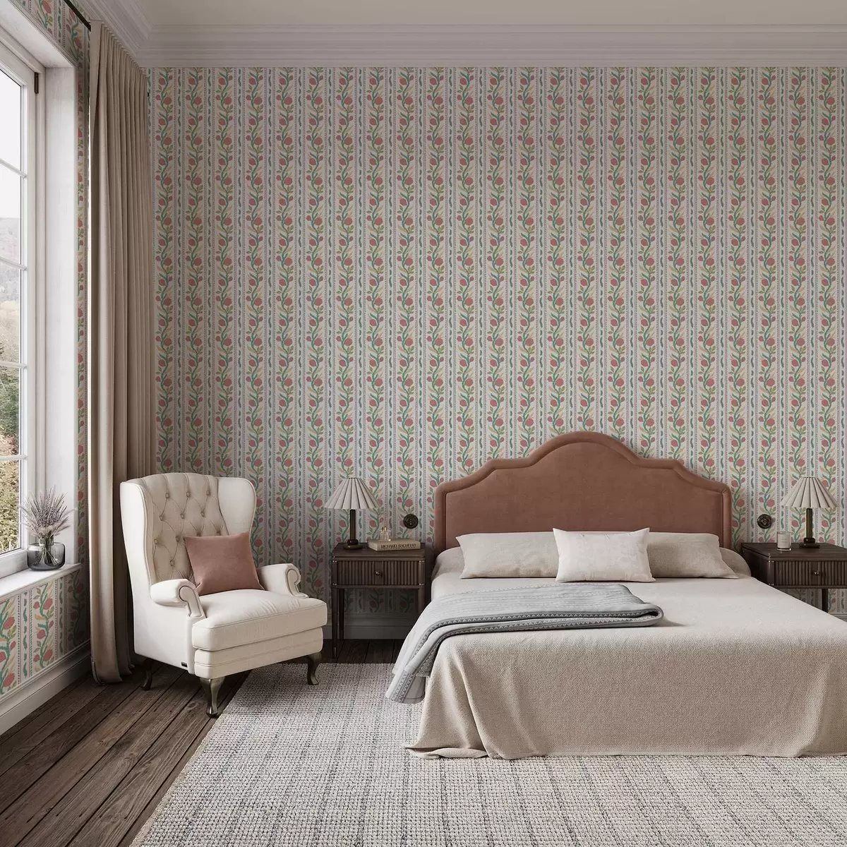 Тапети Вертикални ивици с коралови цветя и тюркоазени листа a00816