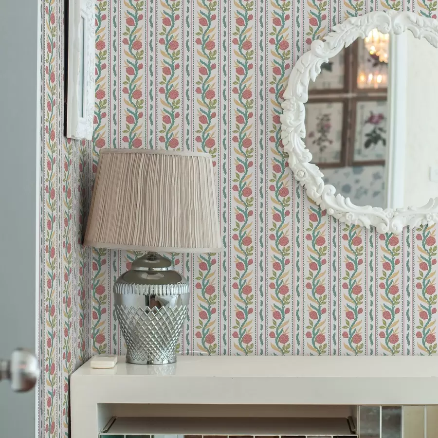 Фототапет Вертикални ивици с коралови цветя и тюркоазени листа a00816