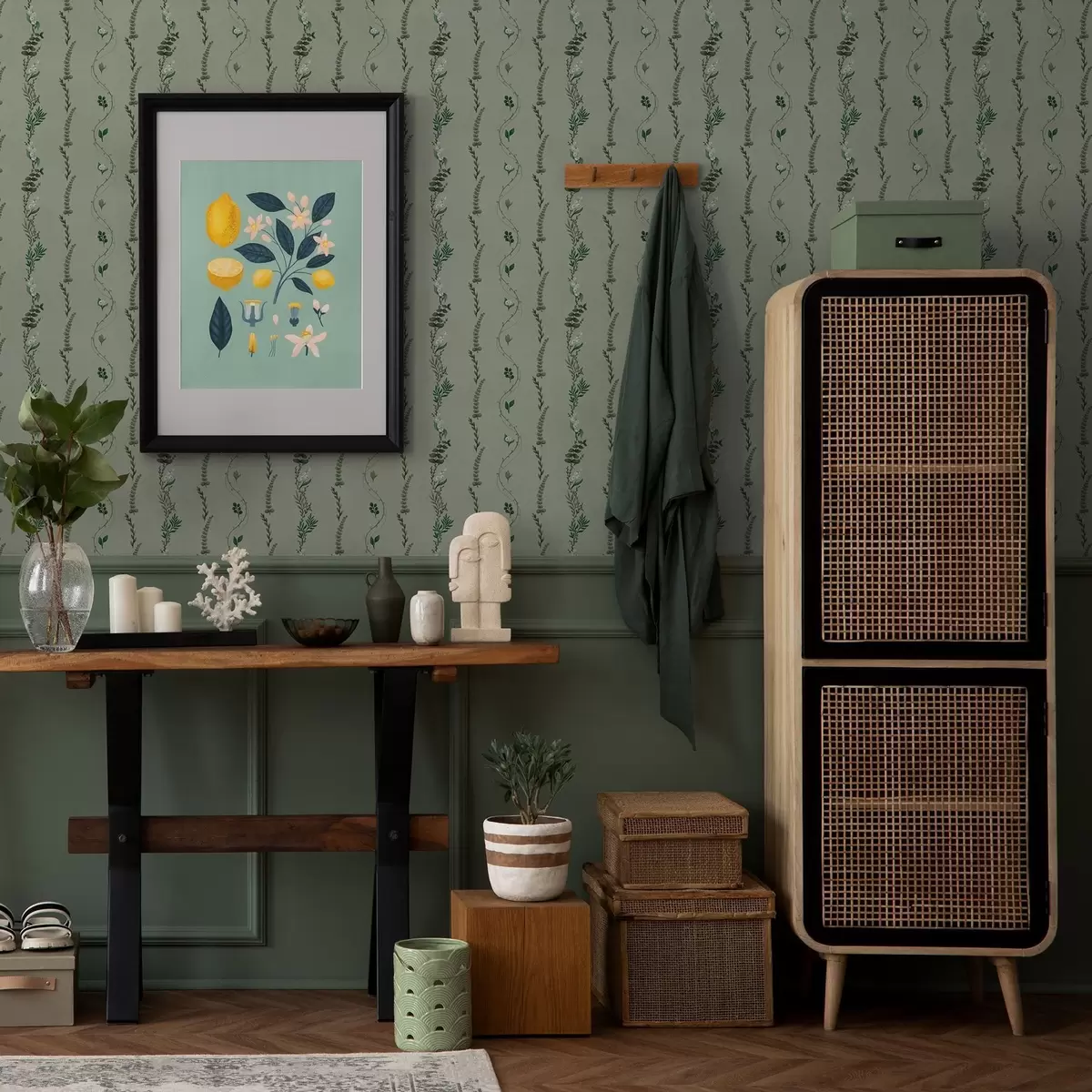 Тапети Вертикални лози и клончета на приглушено зелено a00817v1