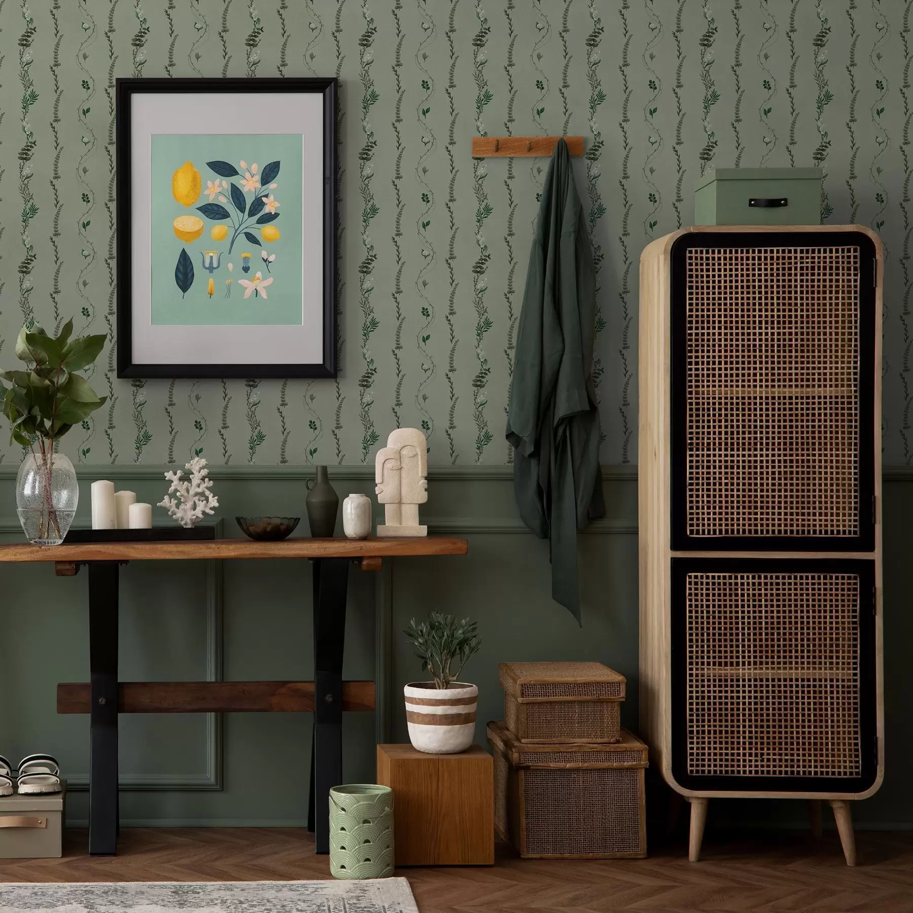 Фототапет Вертикални лози и клончета на приглушено зелено a00817v1