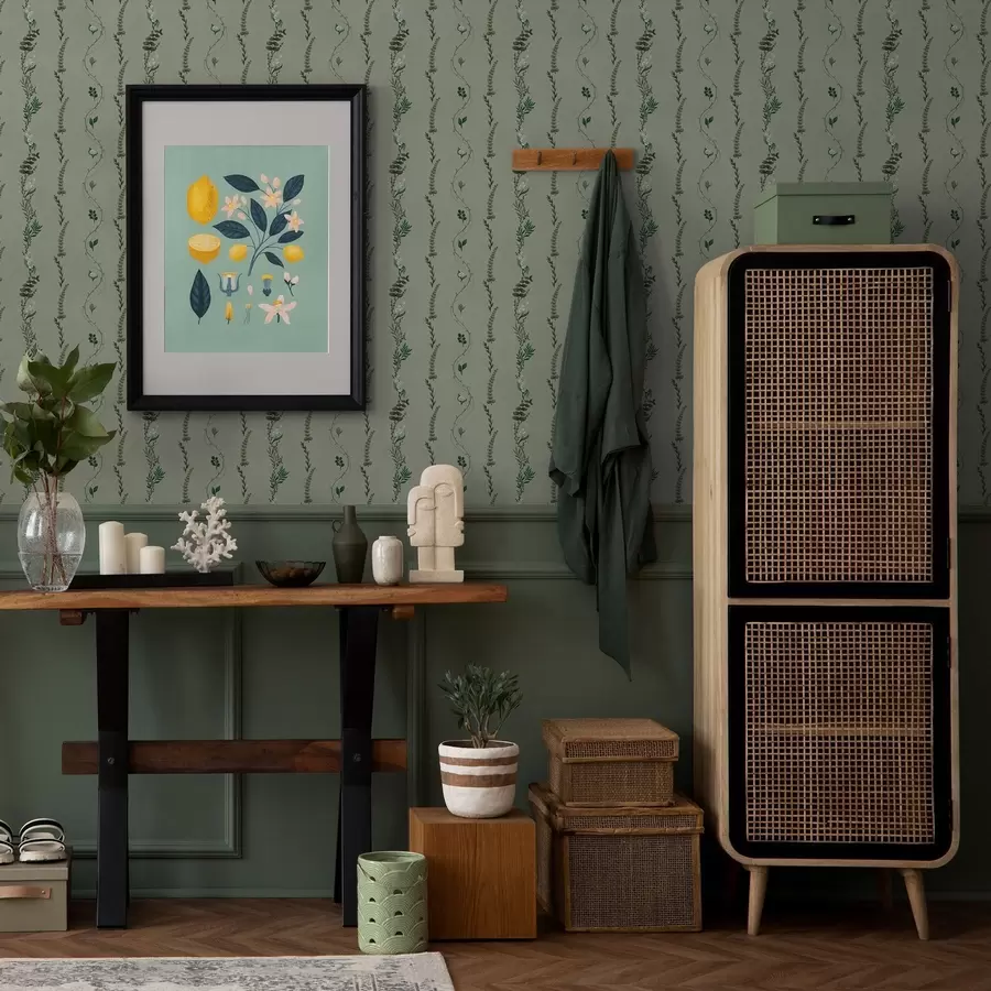 Фототапет Вертикални лози и клончета на приглушено зелено a00817v1