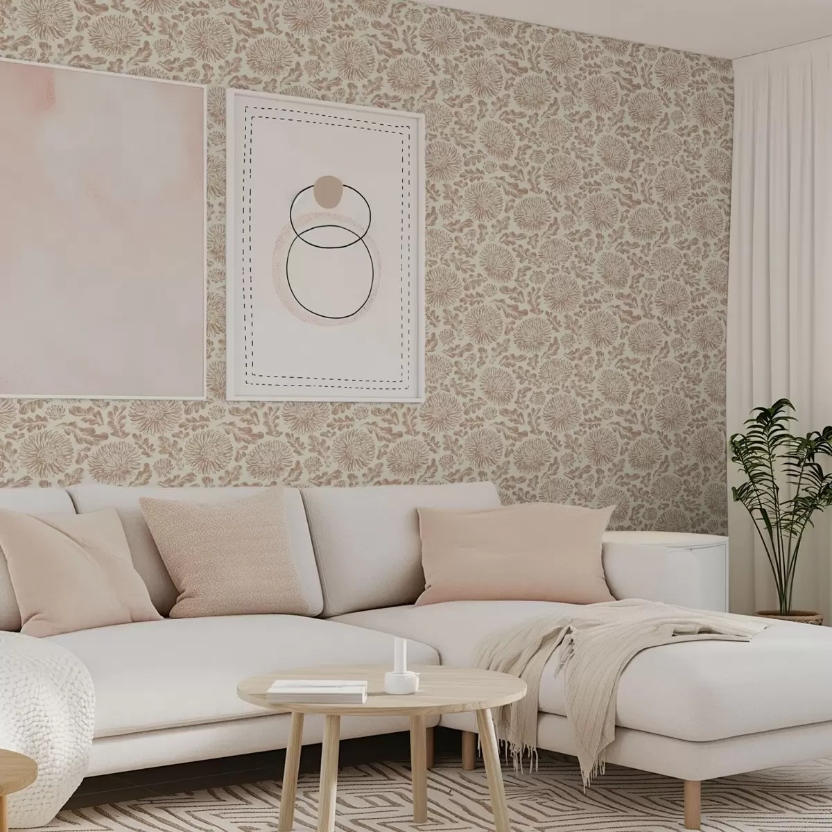 Тапети Хризантеми и дъбови листа в мек бежово-кафяв цвят a00840