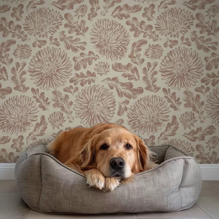 Фототапет Хризантеми и дъбови листа в мек бежово-кафяв цвят a00840