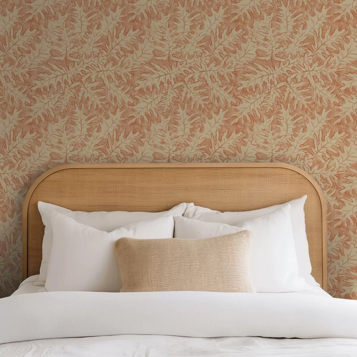 Тапети Големи дъбови листа в теракота на кремав фон a00846