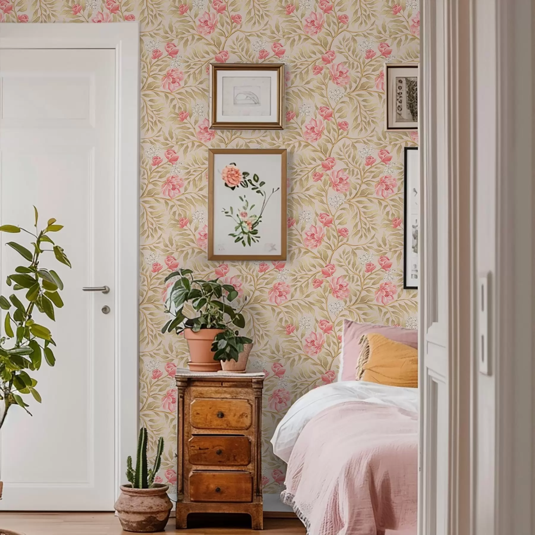 Фототапет Розови цветя, бели цветове и листа в охра a00855