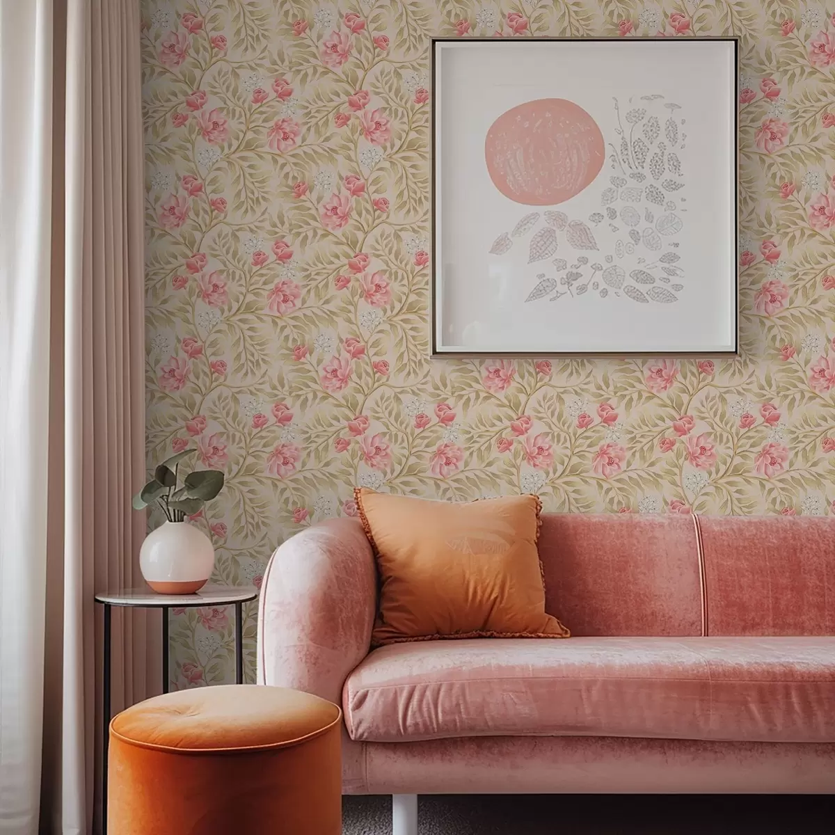 Тапети Розови цветя, бели цветове и листа в охра a00855