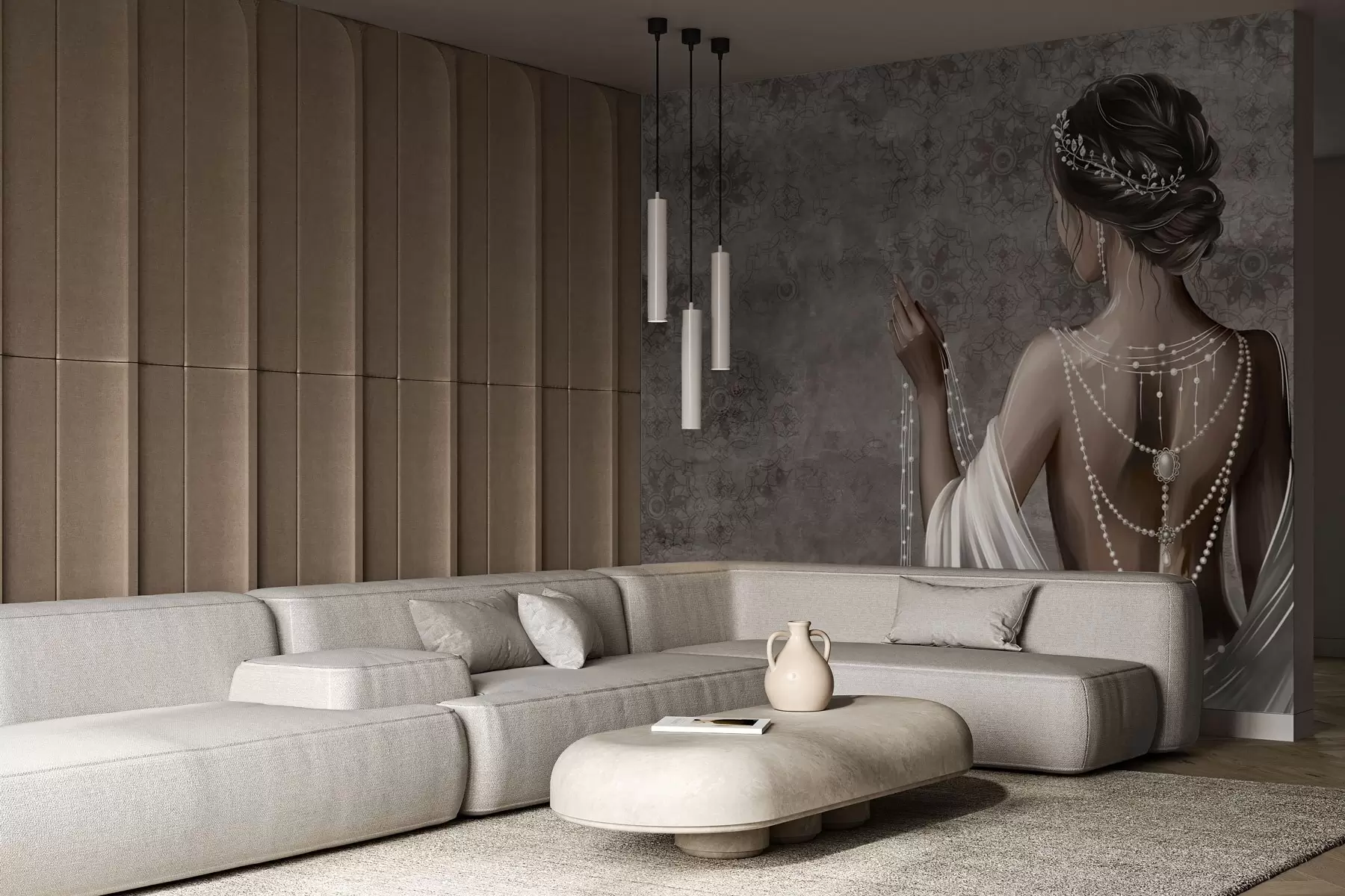 Фототапет Жена, видяна отзад, с перли, на фона със сив каменен мотив w04854
