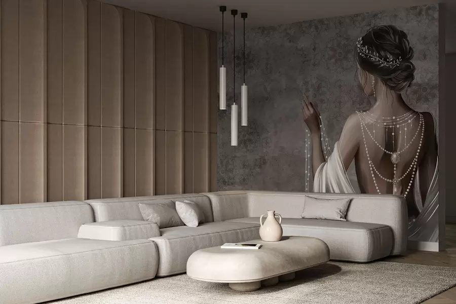 Фототапет Жена, видяна отзад, с перли, на фона със сив каменен мотив w04854