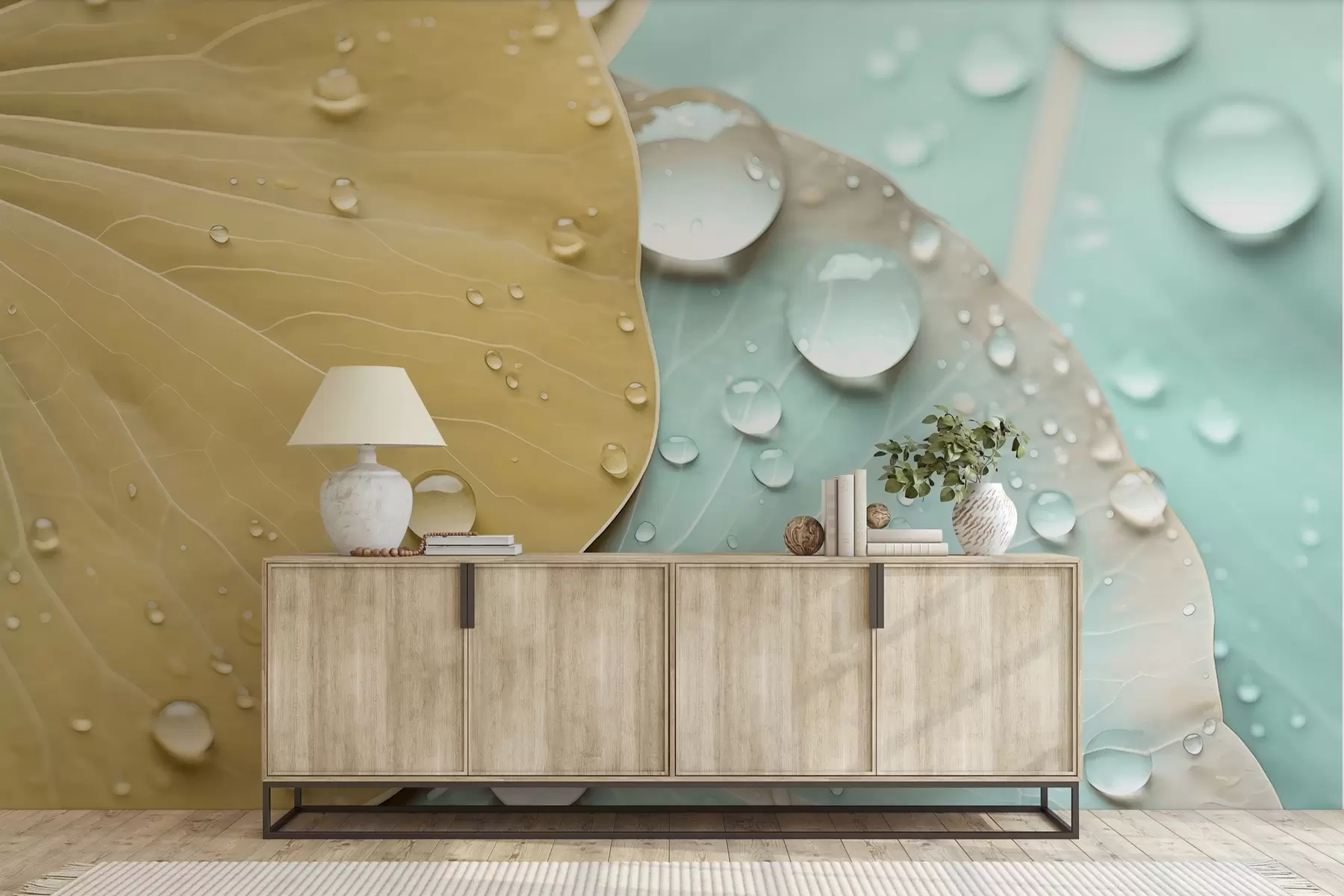 Фототапет Капки вода върху листа макро акварел w04838v1