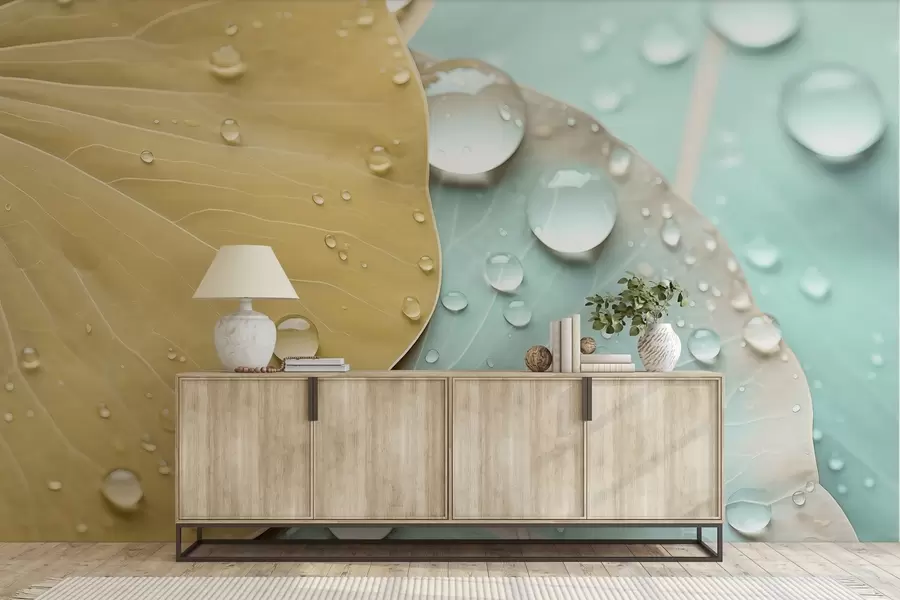 Фототапет Капки вода върху листа макро акварел w04838v1