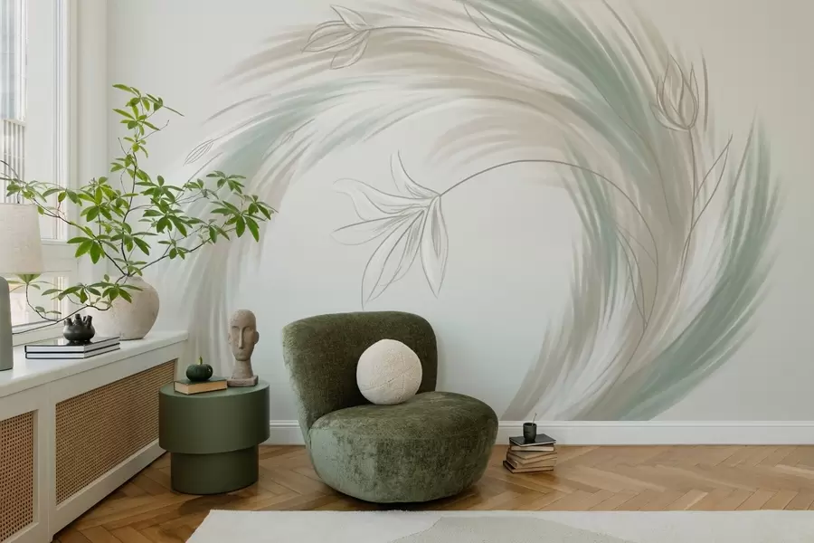 Фототапет зелени и бежови пера и цветя, ръчно рисувани w04816