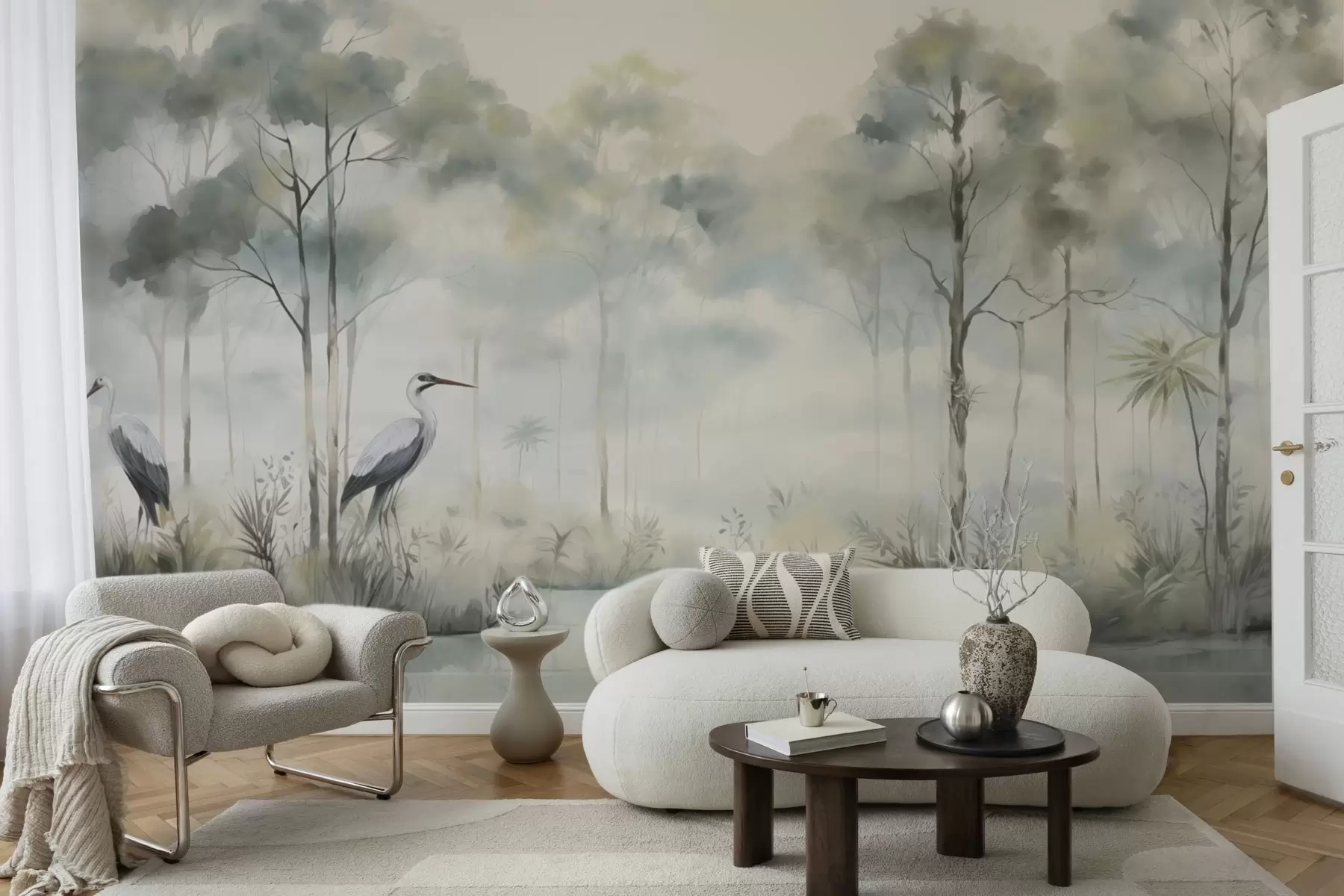 Фототапет Мъглива гора край водата с чапли, мека, хладна палитра w04788