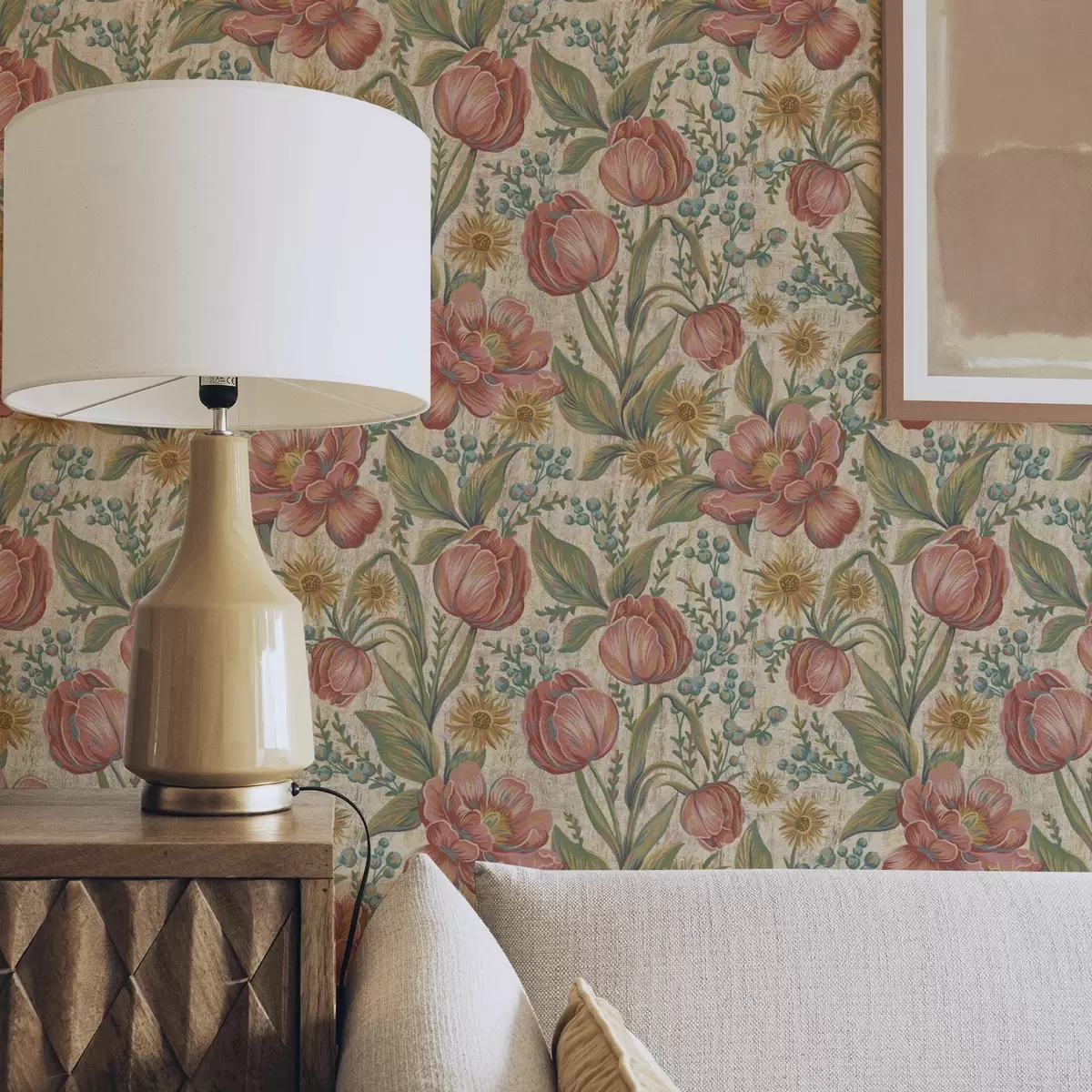 Тапети Ретро лалета и астри, текстуриран кремав фон a00773