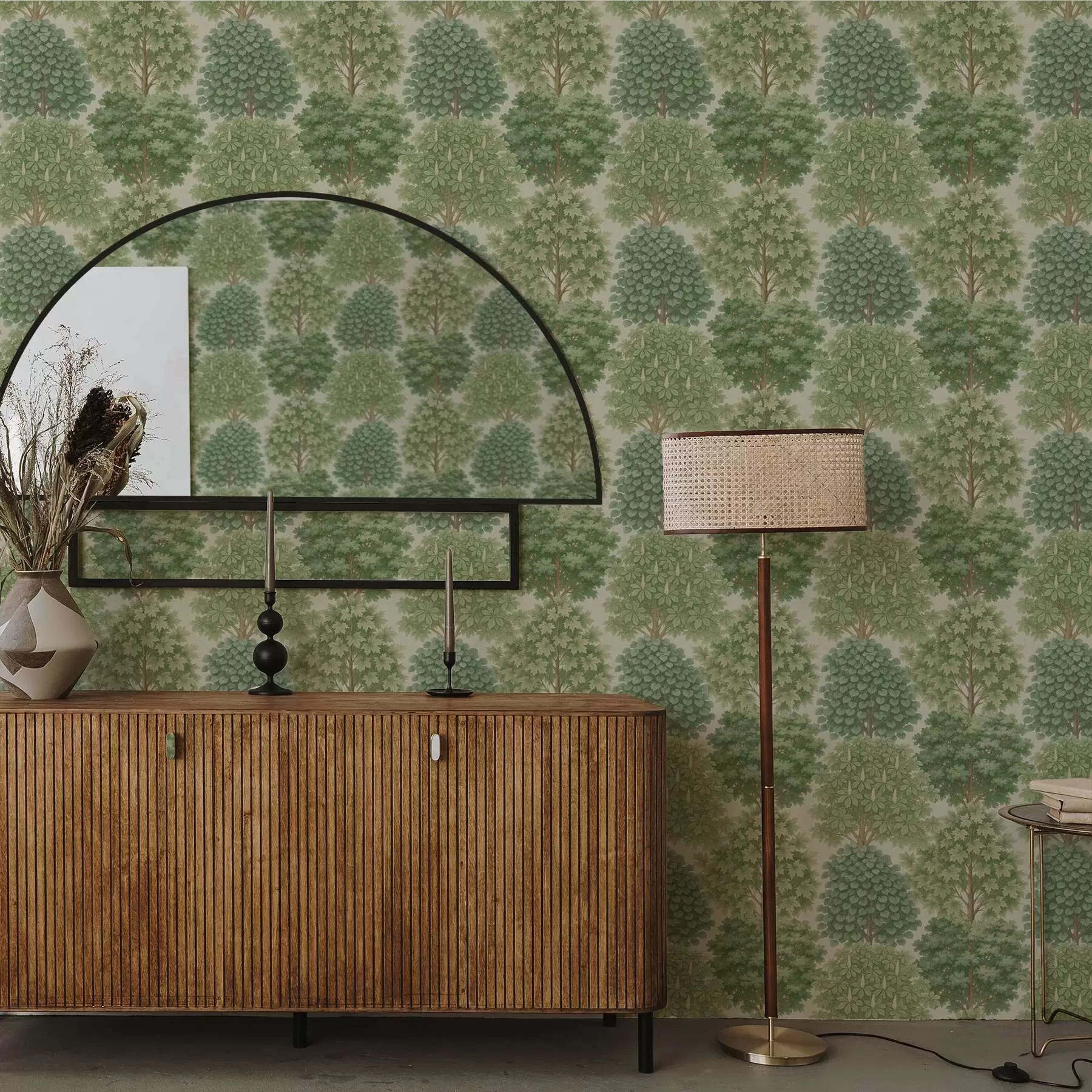 Фототапет Дървесна градина в нежни зелени нюанси върху светъл фон a00775