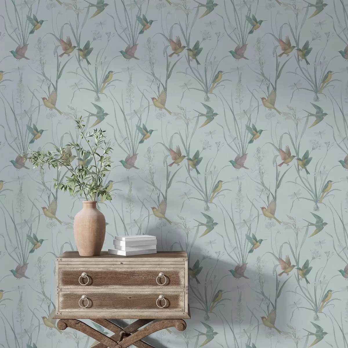 Тапети Птици сред тревите на поляната на сиво-синьото земно покритие a00776