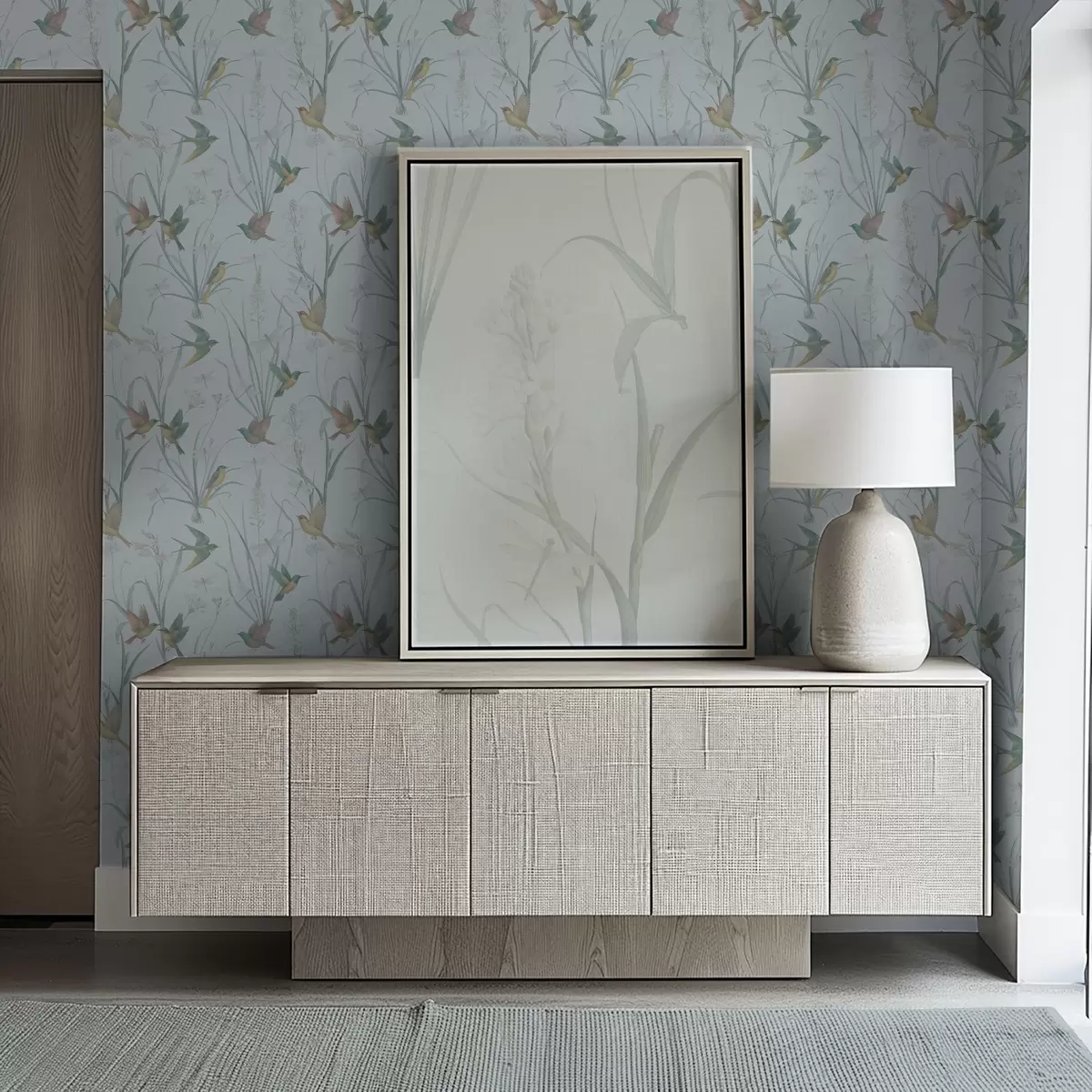 Тапети Птици сред тревите на поляната на сиво-синьото земно покритие a00776