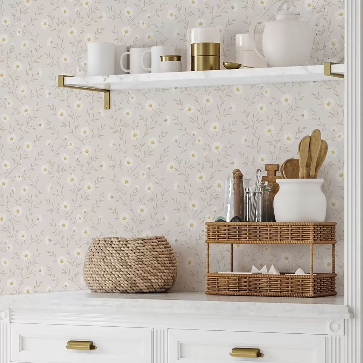 Тапети Малки маргаритки по клонки, топло бежово a00777