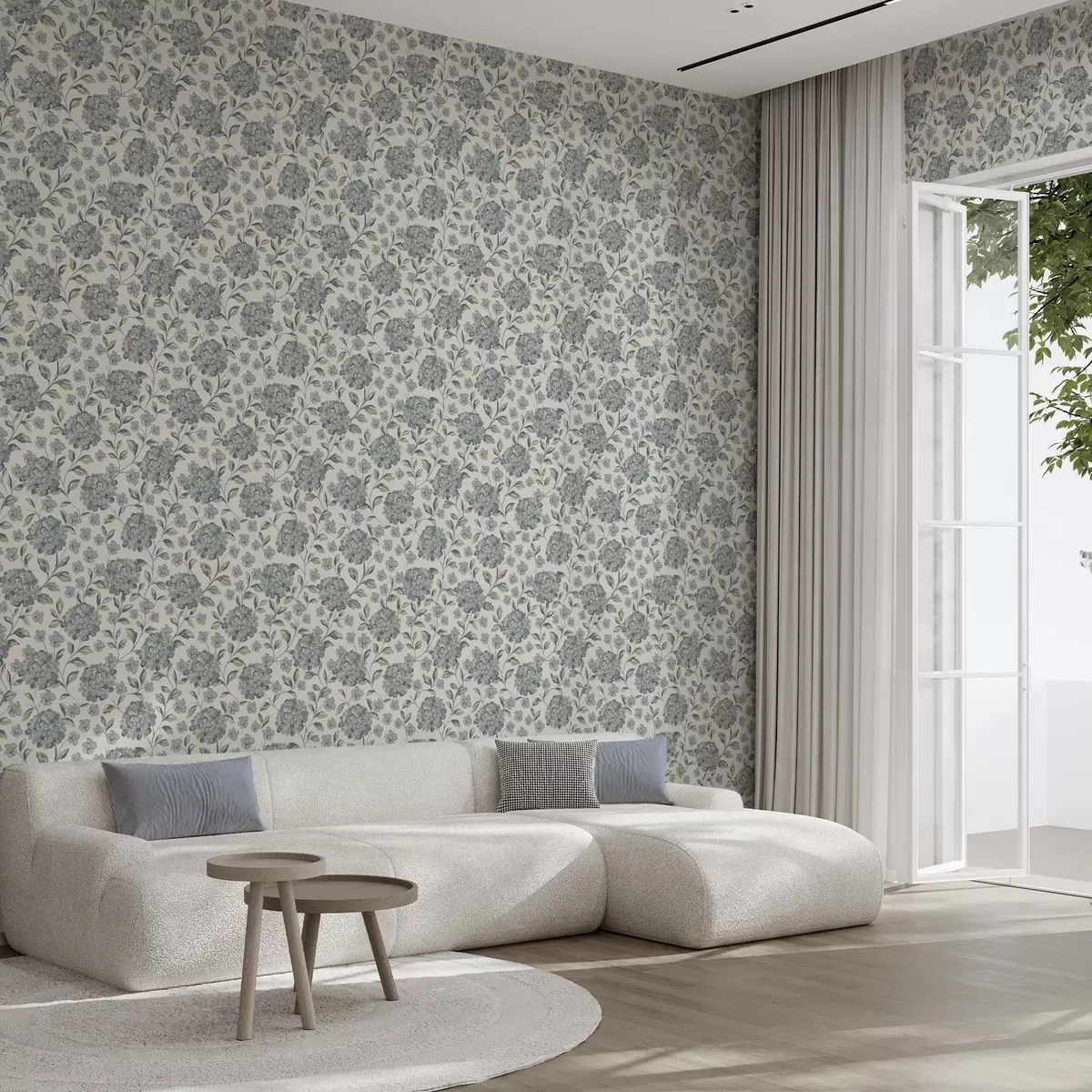 Тапети Гъсти цветове и листа в сиво-синя палитра a00778