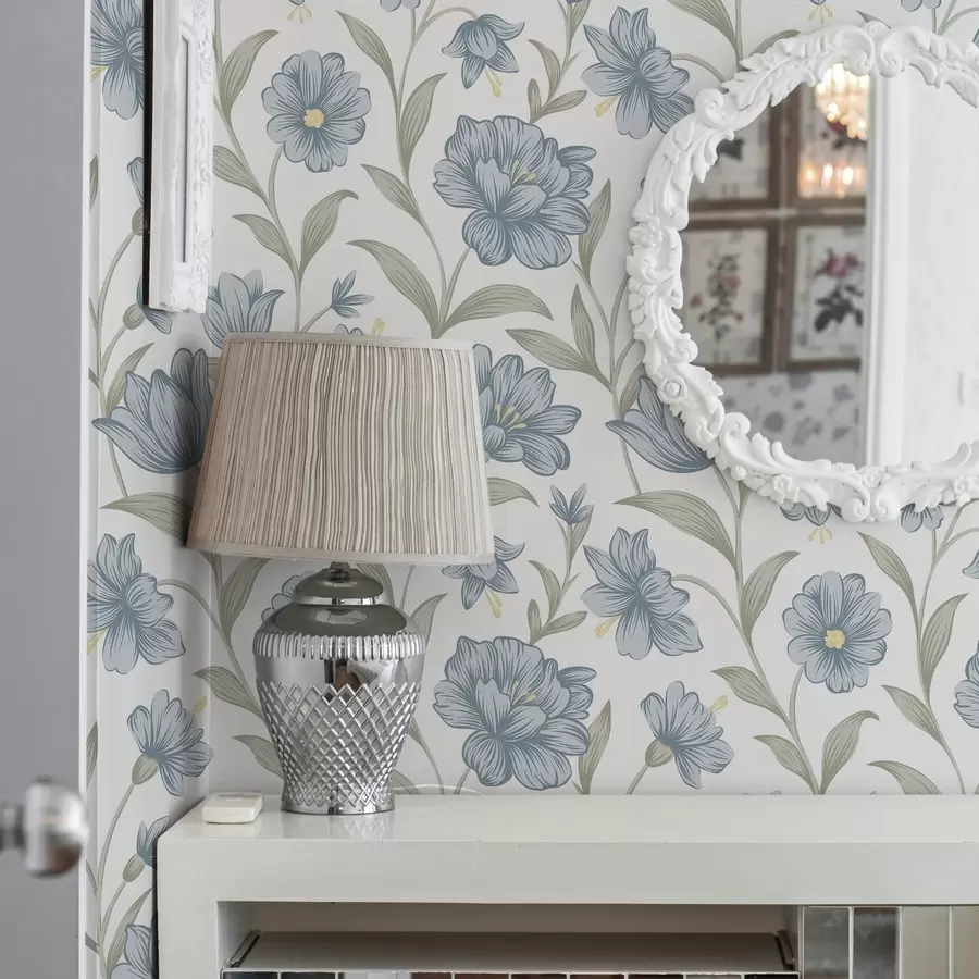 Фототапет Прахни сини цветя с маслинови листа на бял фон a00780