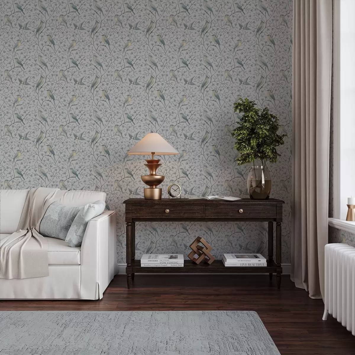 Тапети Птици на клони, сиво-синя гама a00782