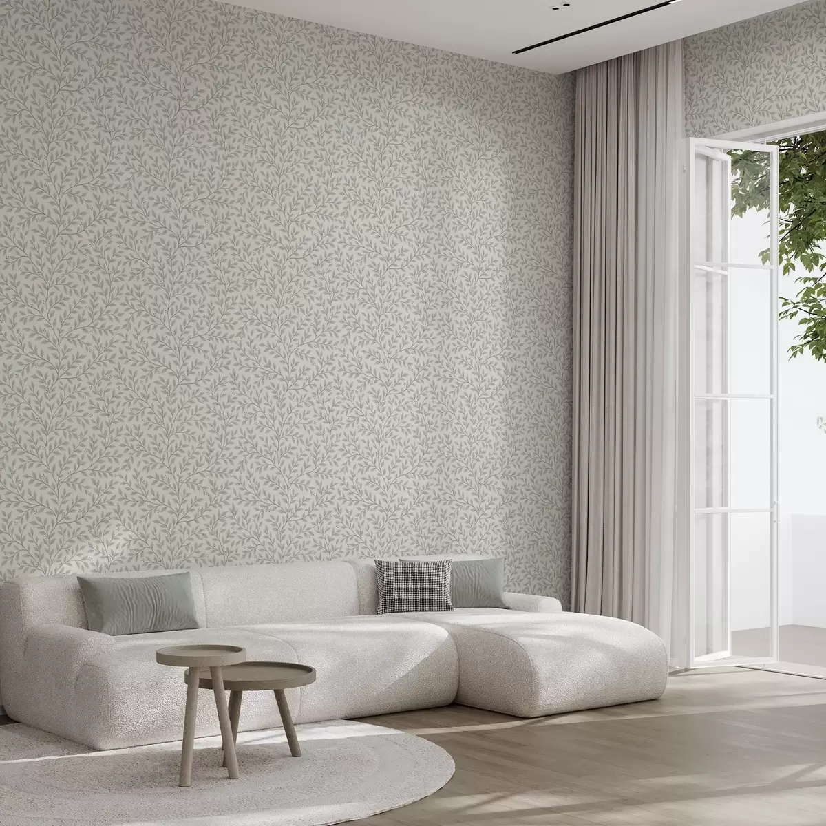 Тапети Клонки с листа и плодове, светло кремаво и салвия a00783