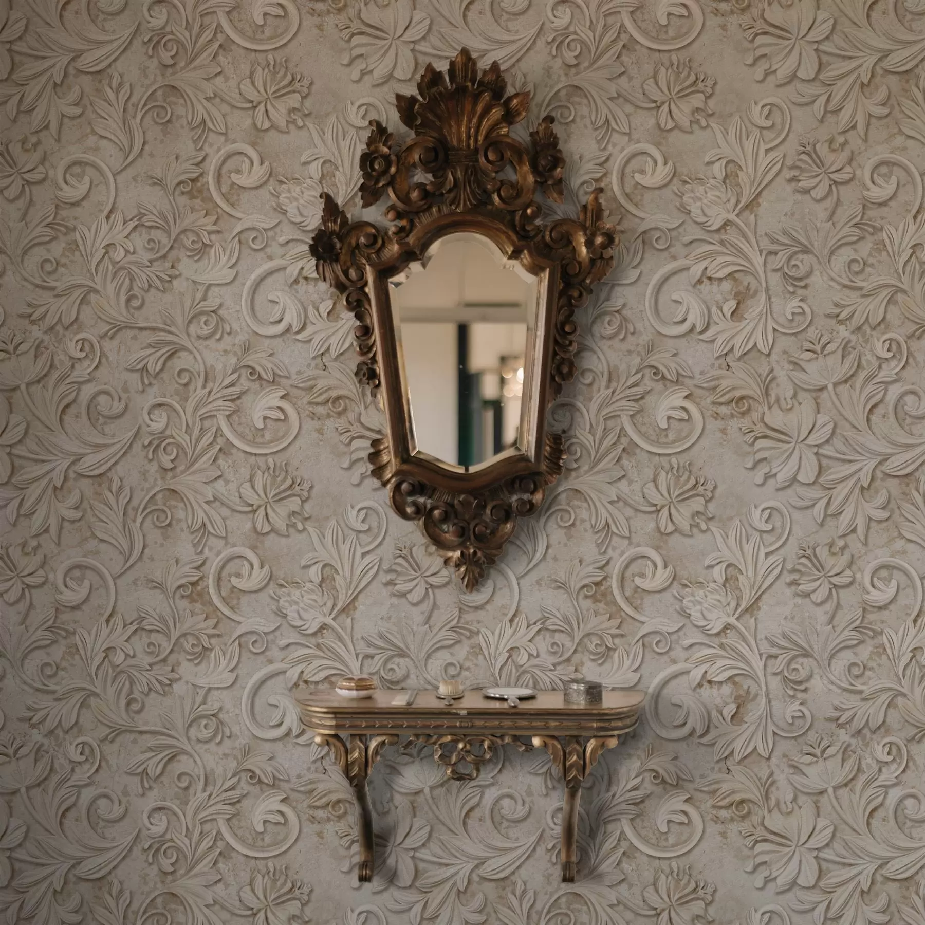 Фототапет Каменен релеф с флорални орнаменти, винтидж бежов цвят a00784