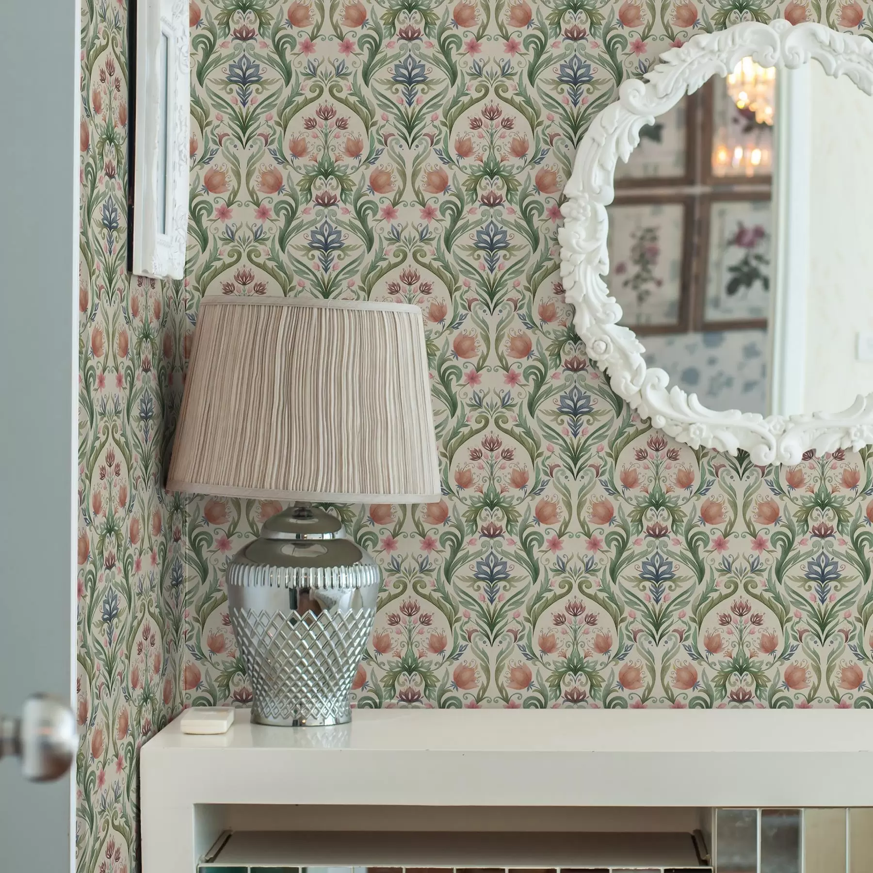 Фототапет Симетричен флорален орнамент, теракота и зелено a00827