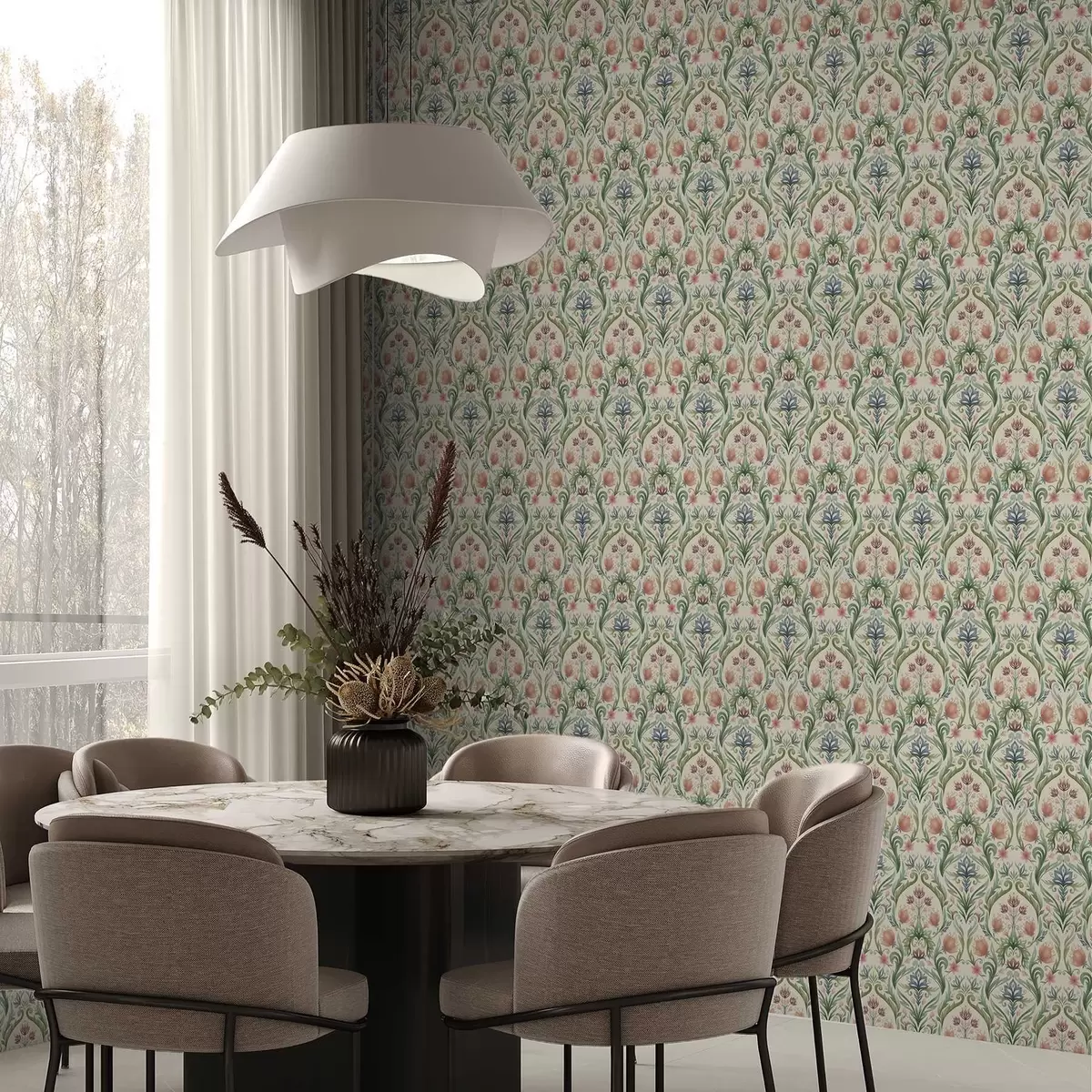 Тапети Симетричен флорален орнамент, теракота и зелено a00827