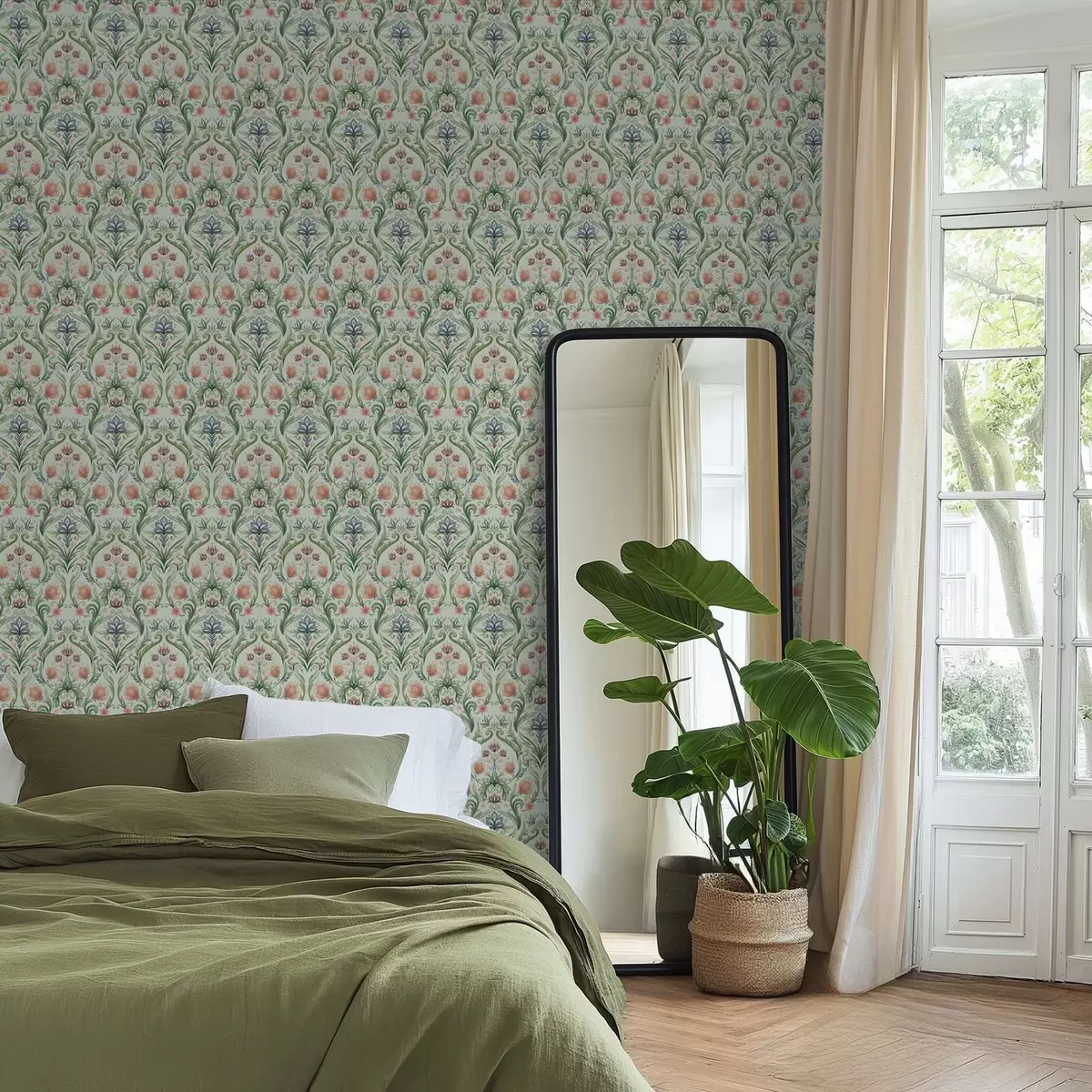 Тапети Симетричен флорален орнамент, ментово-кремава палитра a00827v1