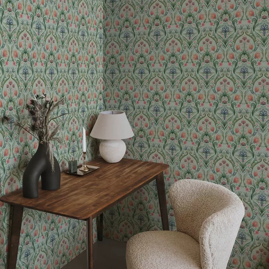 Фототапет Симетричен флорален орнамент, ментово-кремава палитра a00827v1