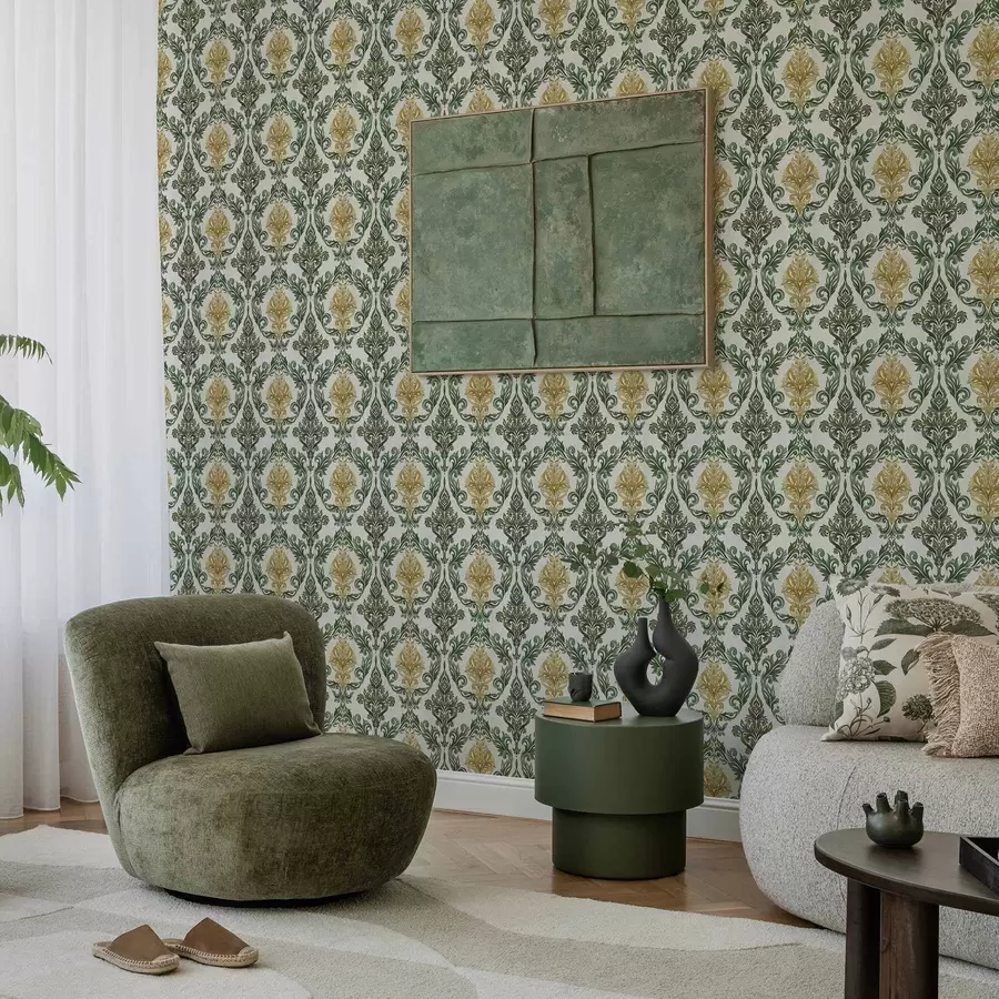 Фототапет Дамаска със зелени спирали върху светъл фон a00828v1