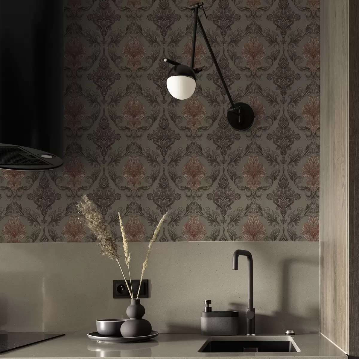 Тапети Теракота дамаска на приглушен маслинов фон a00828v3