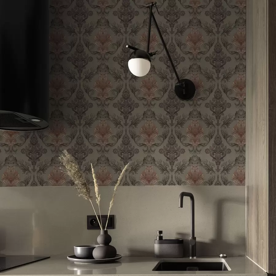 Фототапет Теракота дамаска на приглушен маслинов фон a00828v3