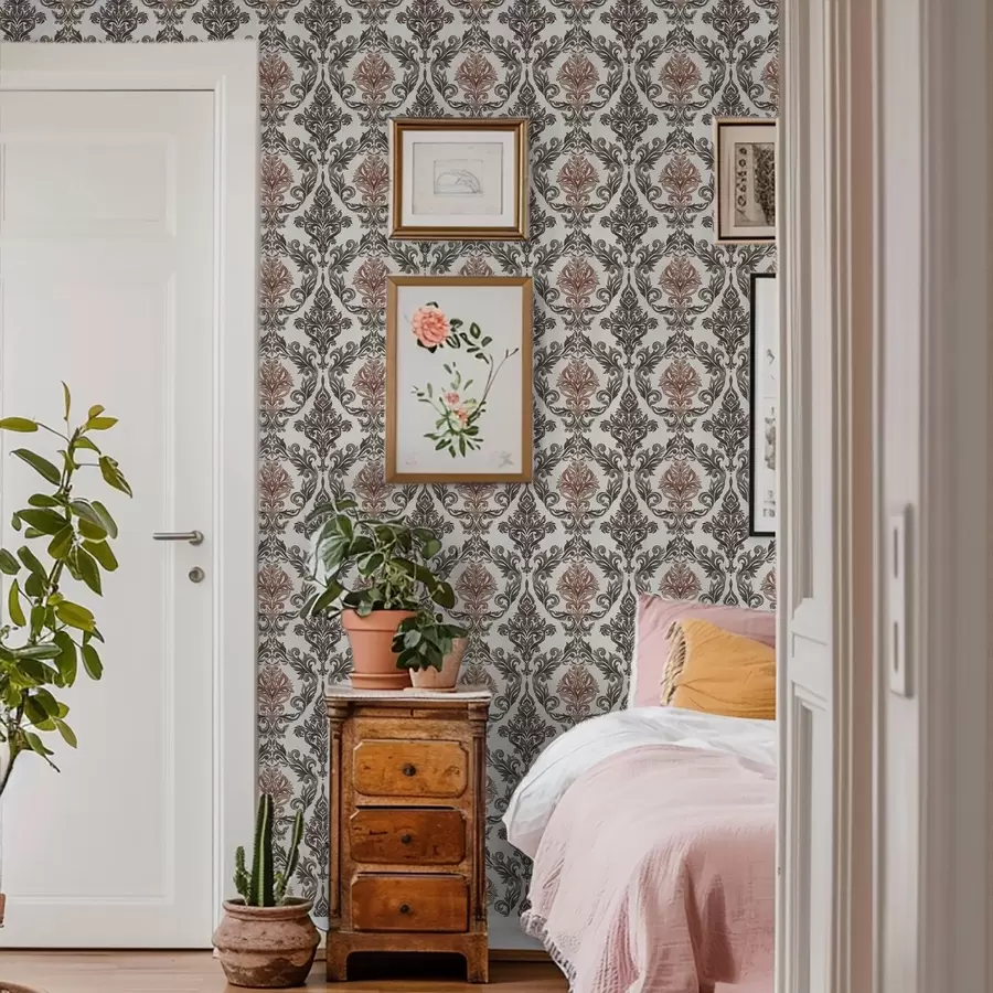 Фототапет Дамаска с медно-кафяви акценти върху светъл фон a00828v4