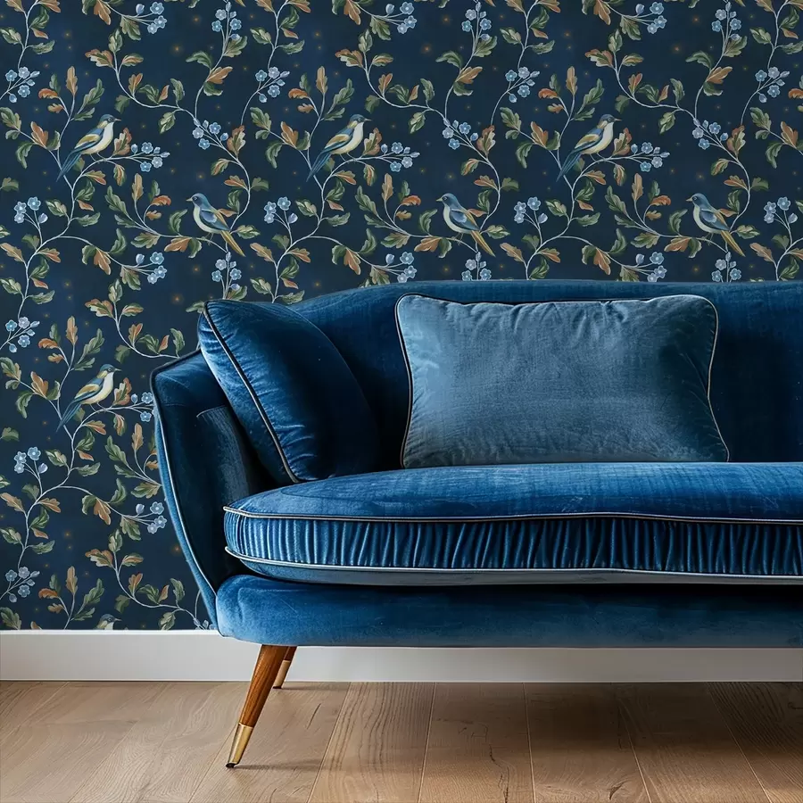 Фототапет Гърди на клони, нощен син фон с искри a00858