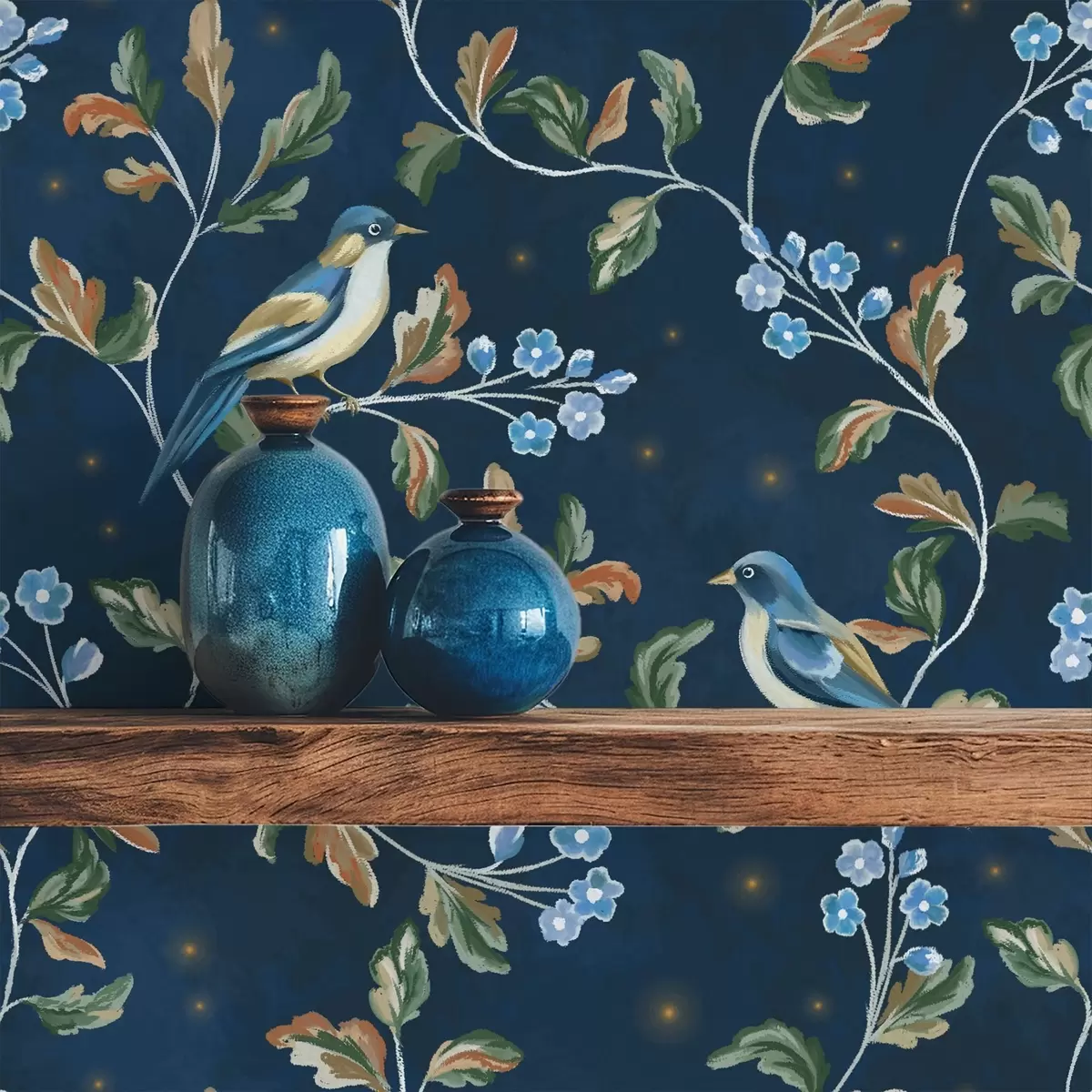 Тапети Гърди на клони, нощен син фон с искри a00858