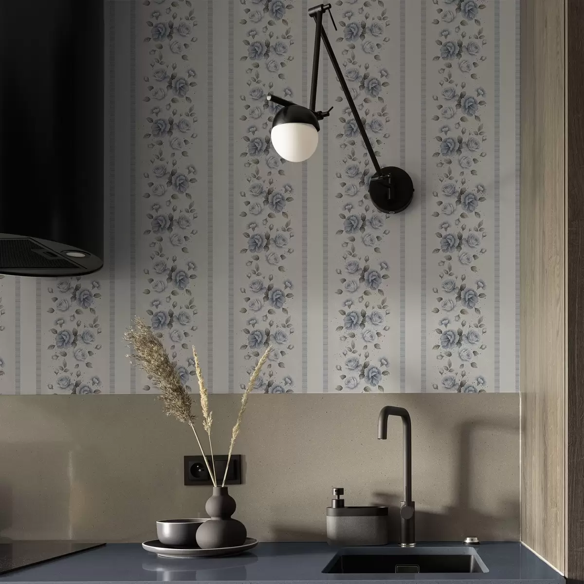 Тапети Сини рози във вертикални ленти на светъл фон a00860