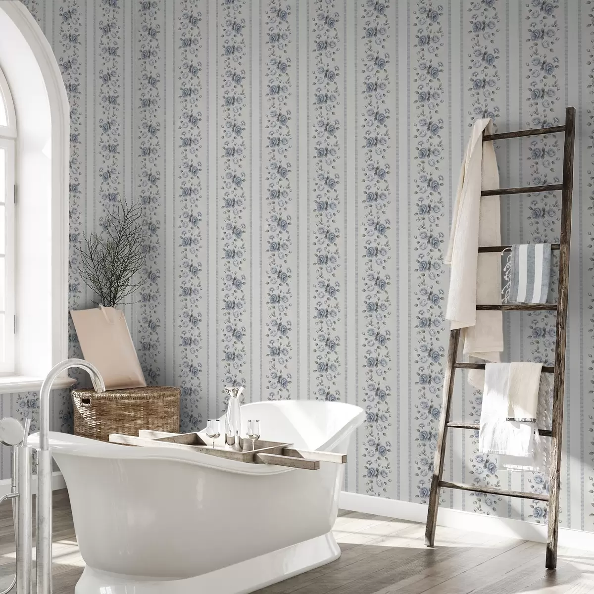 Тапети Сини рози във вертикални ленти на светъл фон a00860