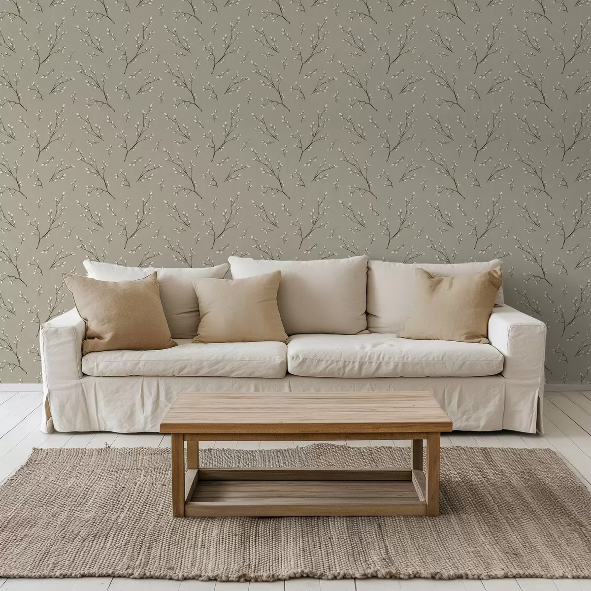Тапети Клонки с бели пъпки на ленен кафяв фон a00861