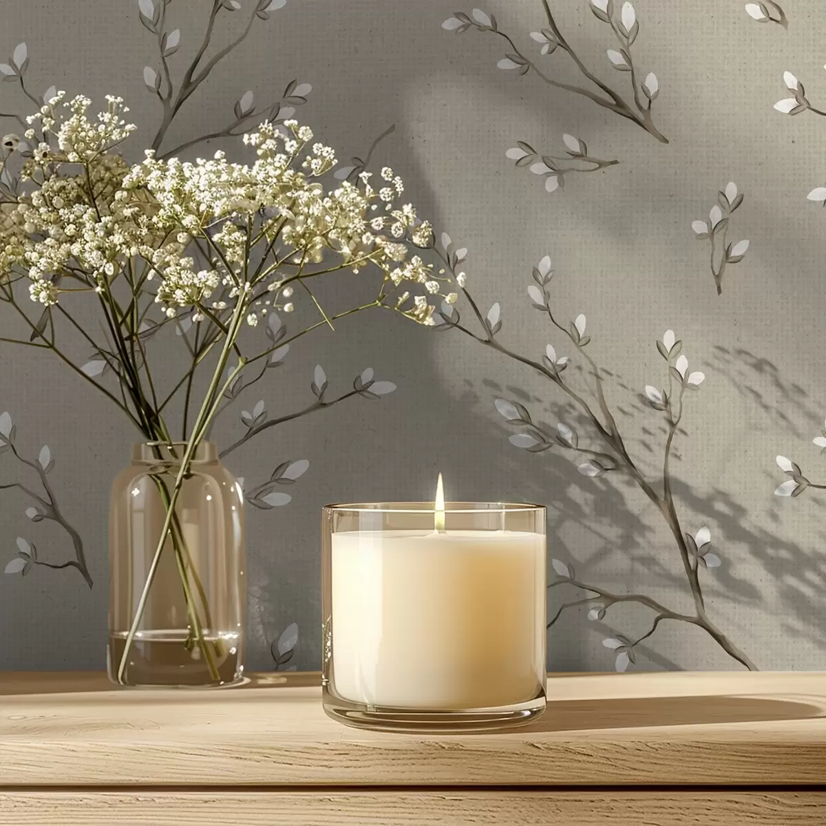 Тапети Клонки с бели пъпки на ленен кафяв фон a00861