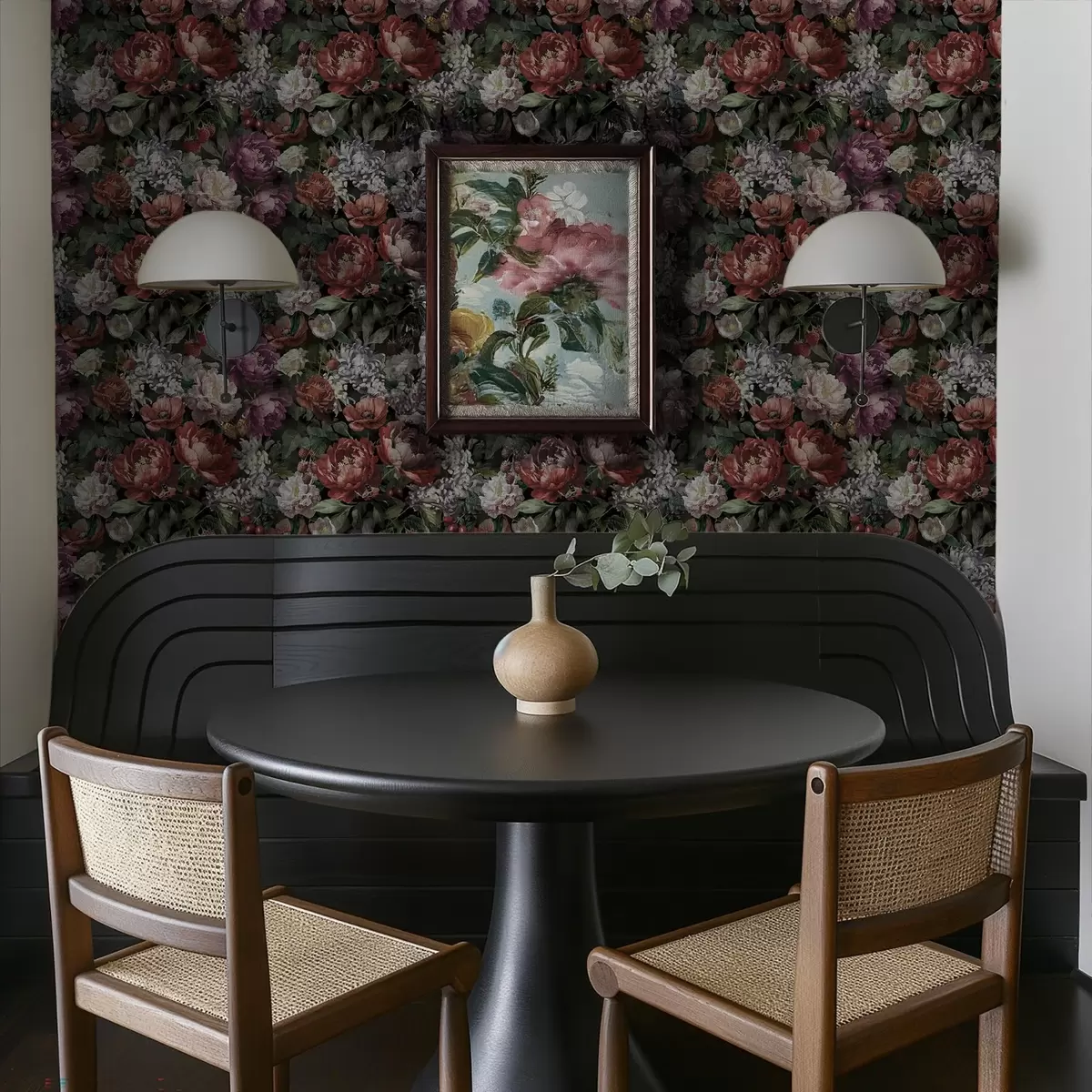 Тапети Тъмни драматични божури, плодове и пеперуда на черен фон a00862