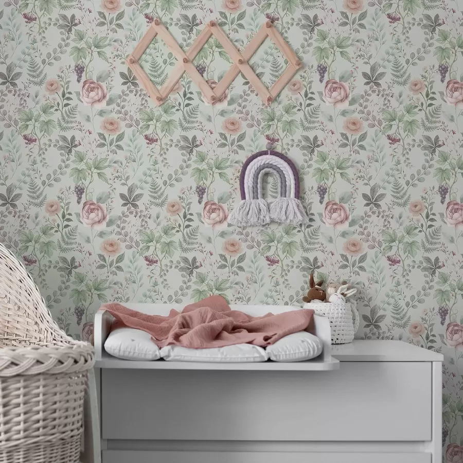 Фототапет Пастелна градина с рози, папрати и грозде a00867