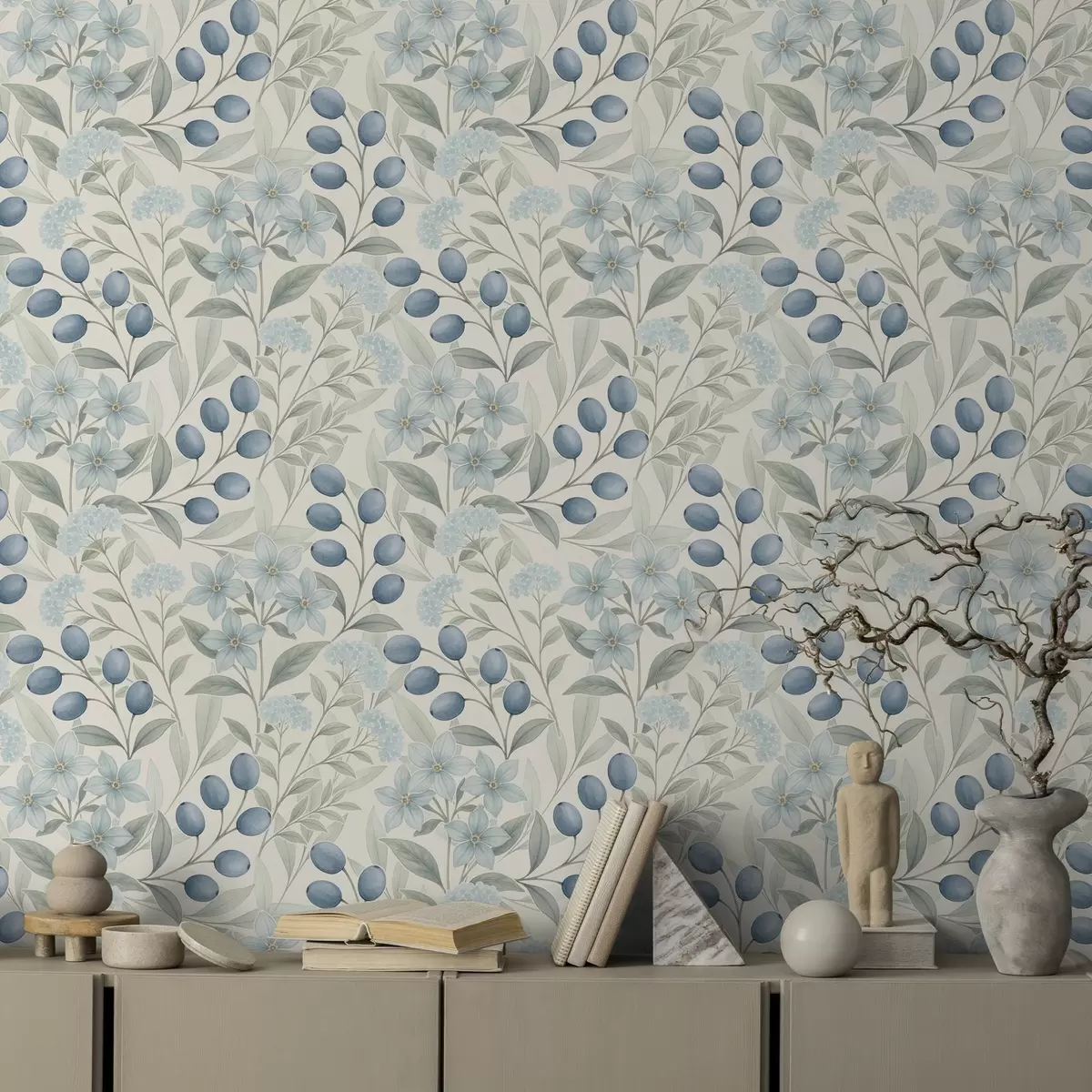 Тапети Сини плодове и светли цветя върху слонова кост a00872