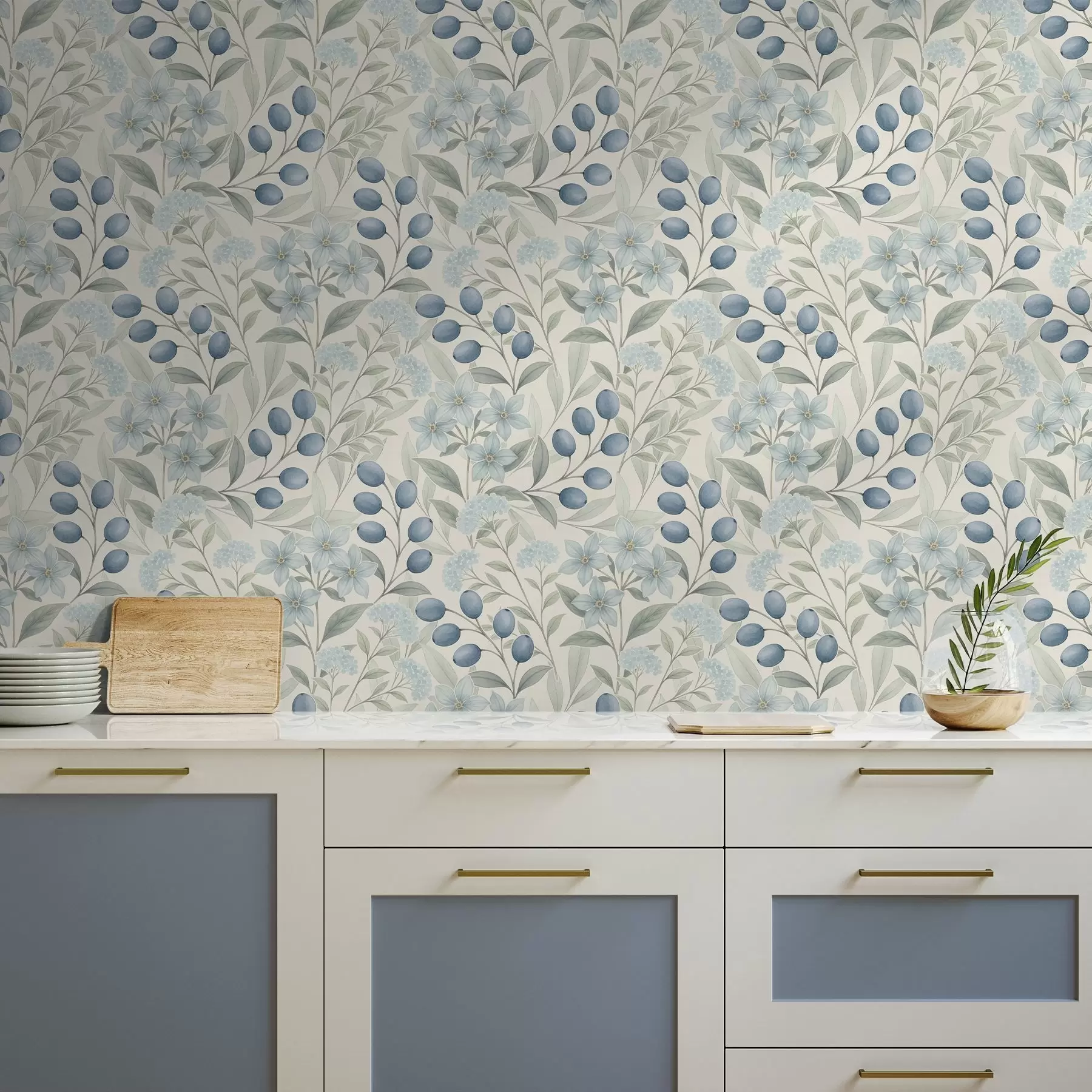 Фототапет Сини плодове и светли цветя върху слонова кост a00872