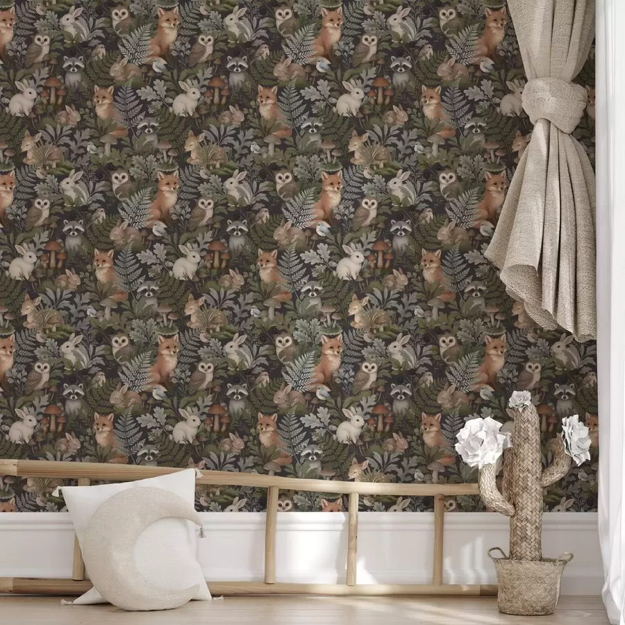 Фототапет Горски животни и папрати върху тъмно сиво a00880