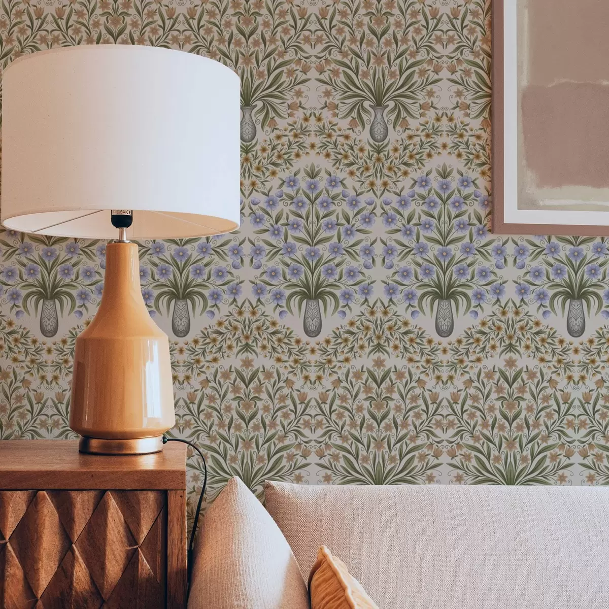 Тапети Народни вази със сини цветове и маслинови листа на розов фон a00900