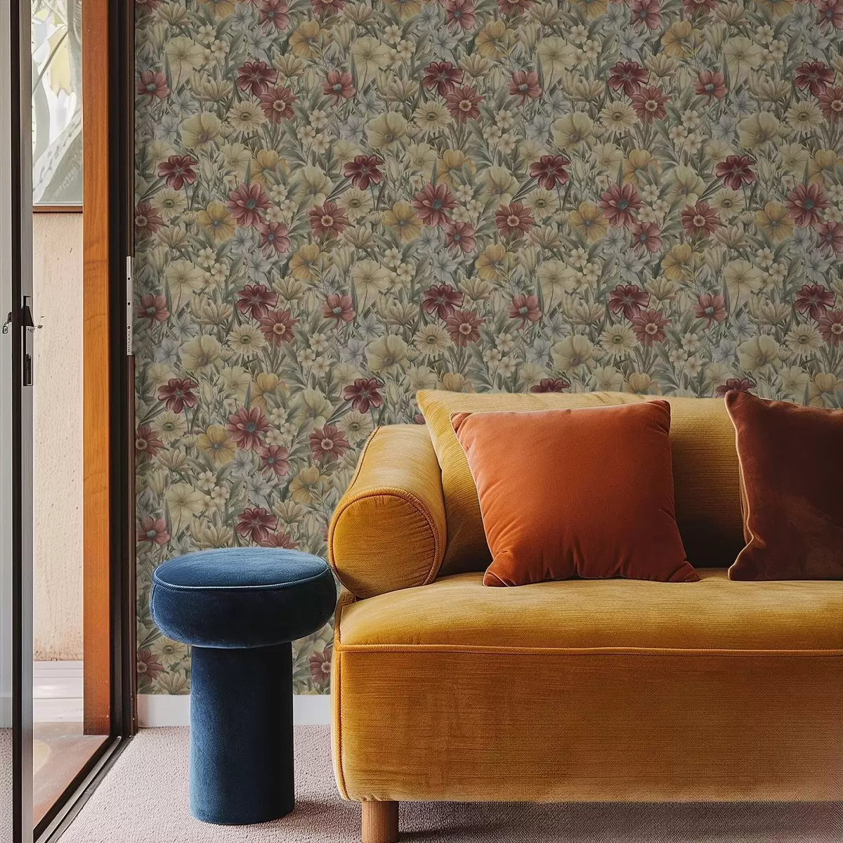 Тапети Ретро ливада цъфти в топли жълти, червени и салатиеви нюанси a00906