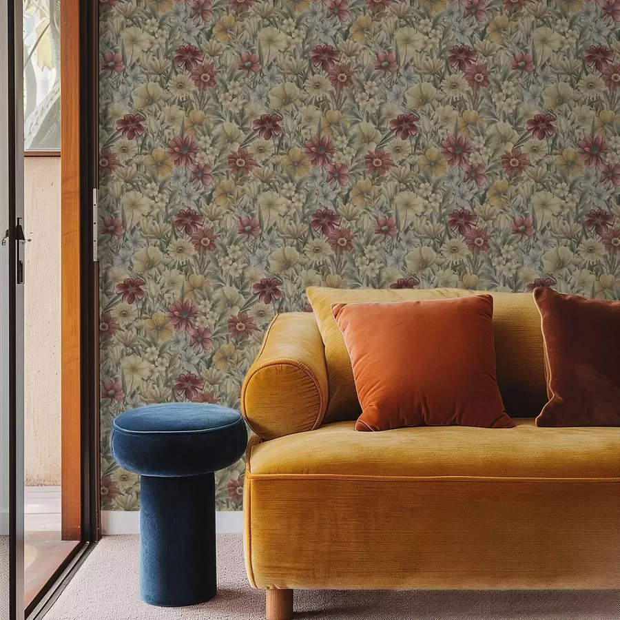 Фототапет Ретро ливада цъфти в топли жълти, червени и салатиеви нюанси a00906