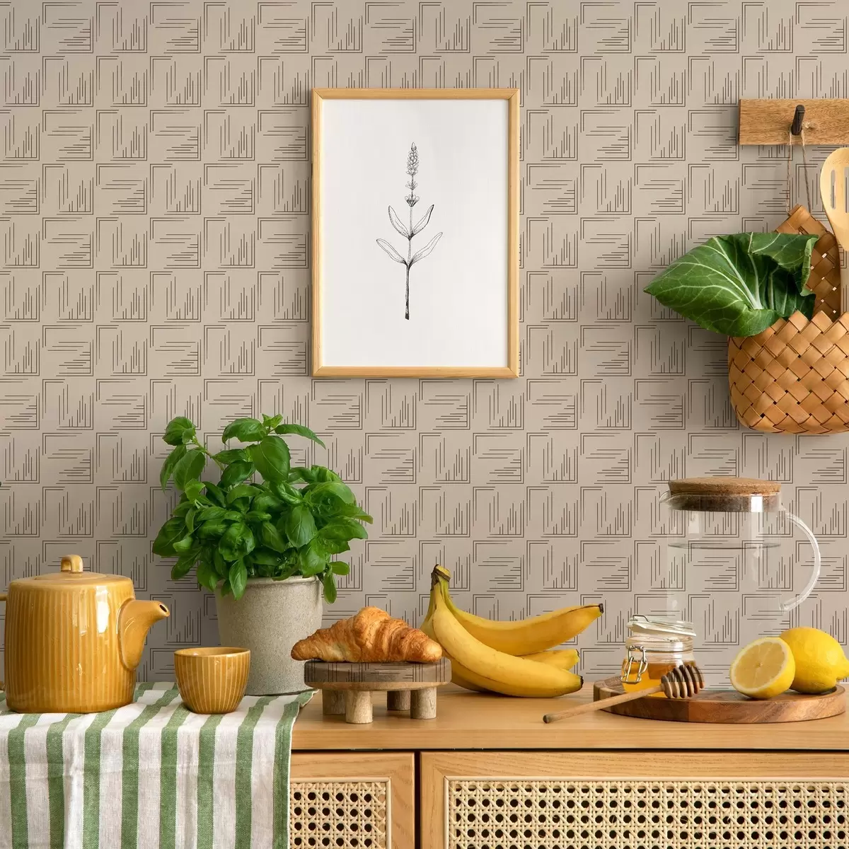 Тапети Големи какаови ъглови квадрати с разнообразни линии, пясък a00913